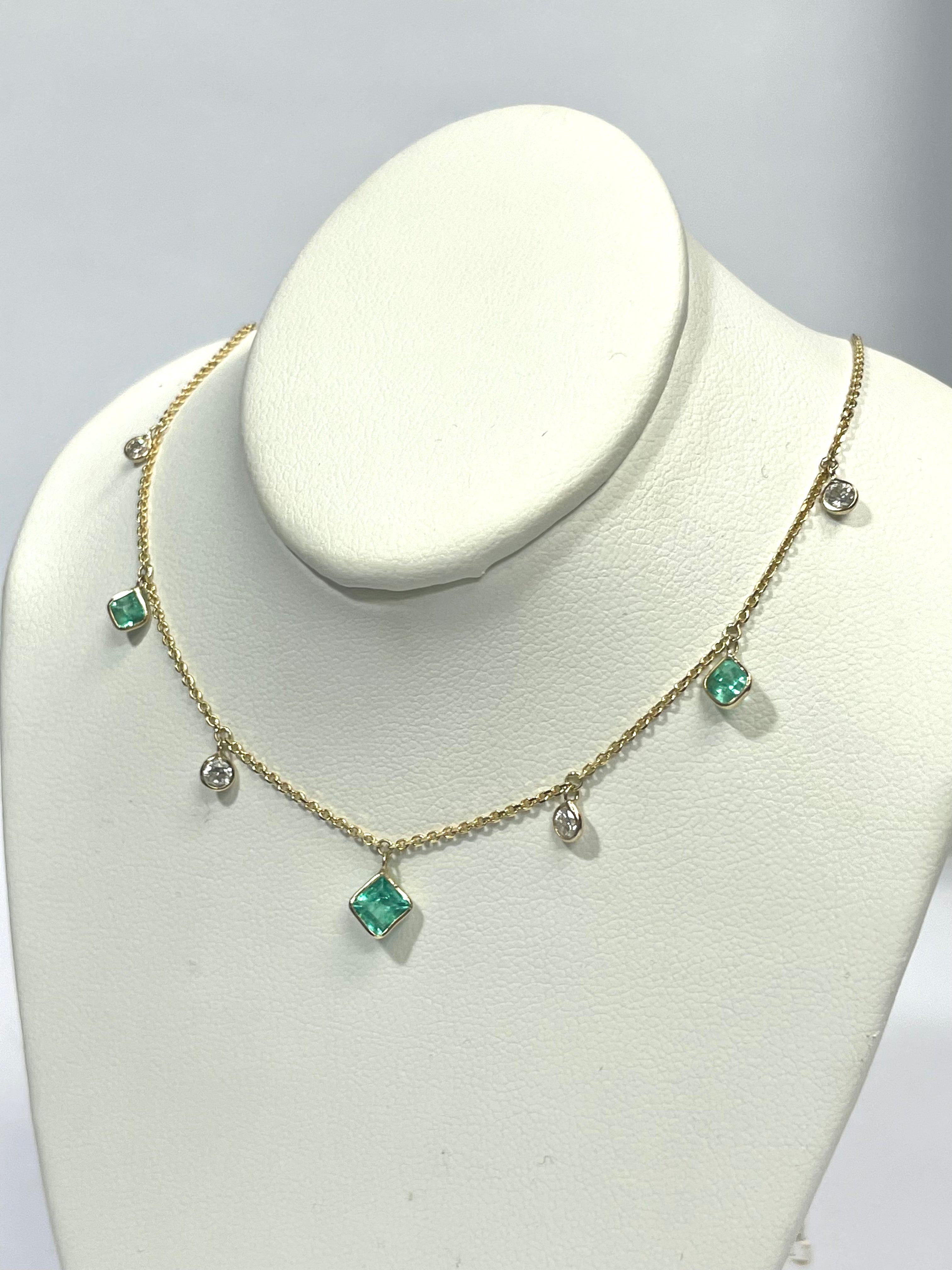Emerald and Diamond 14k Yellow Gold Dangling Necklace