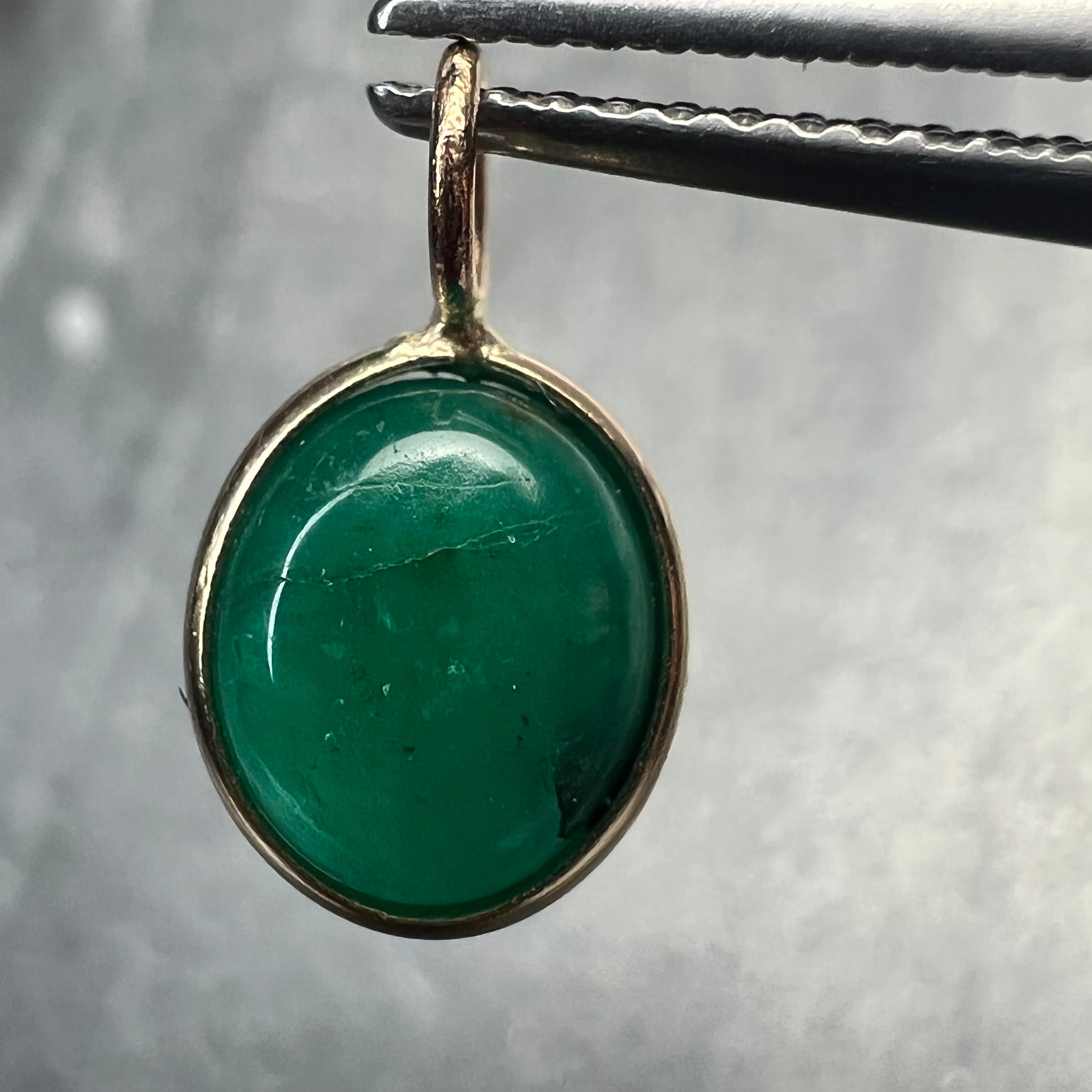 1.2CT Colombian Oval Cabochon Emerald 14K Yellow Gold Pendant Charm 13x7mm