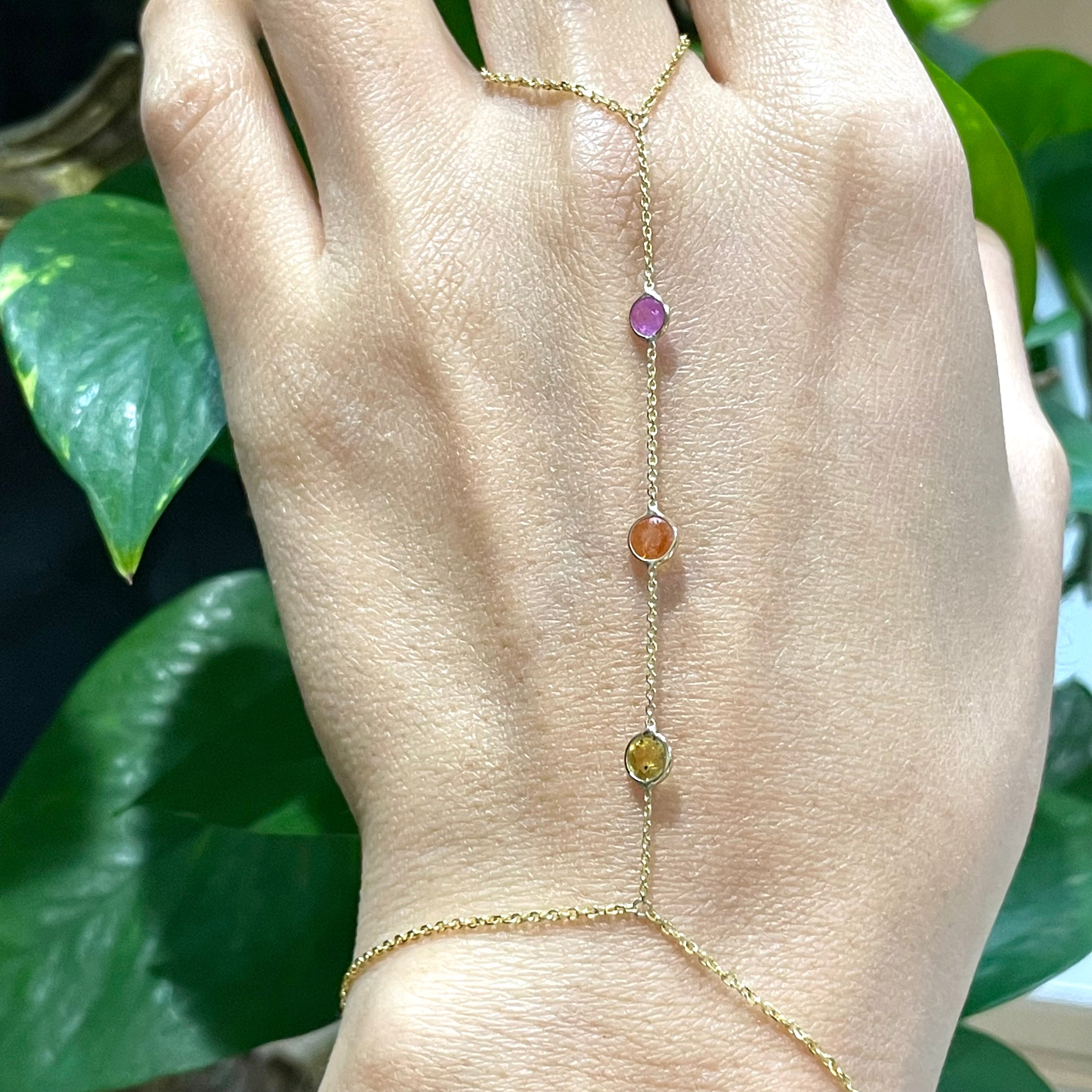 Multi-color Sapphires HandChain in solid 14k Yellow Gold