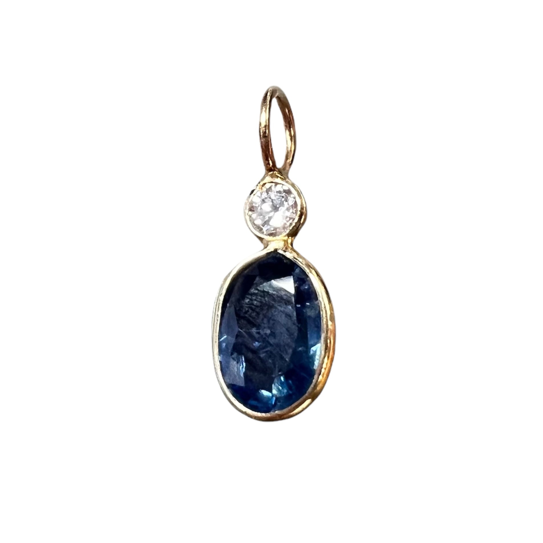 .05CT Diamond and Natural Oval Sapphire 14K Yellow Gold Pendant Charm 15x5.5mm