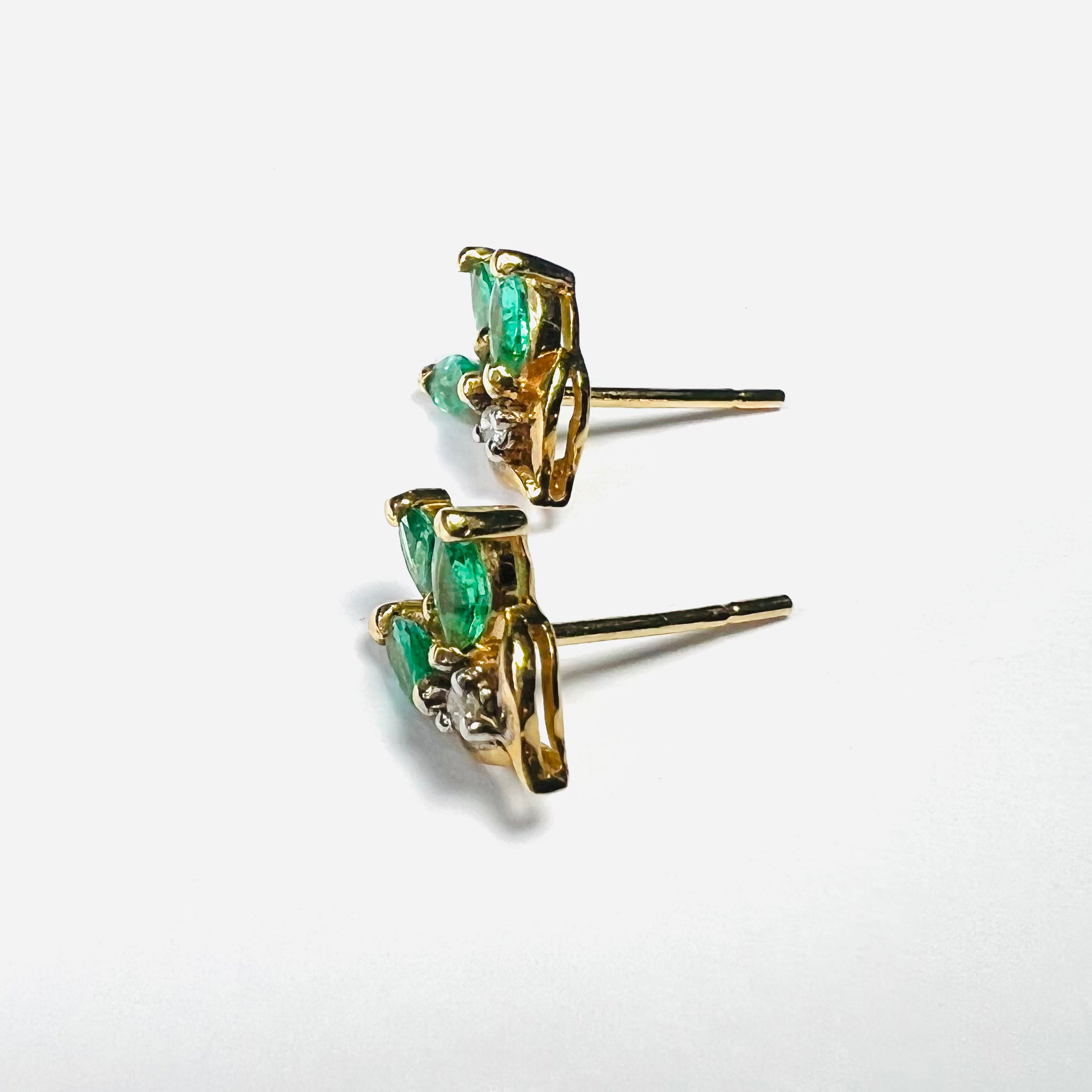 14K Yellow Gold Marquise Emerald & Diamond Floral Earring Pushback Studs 11x7mm