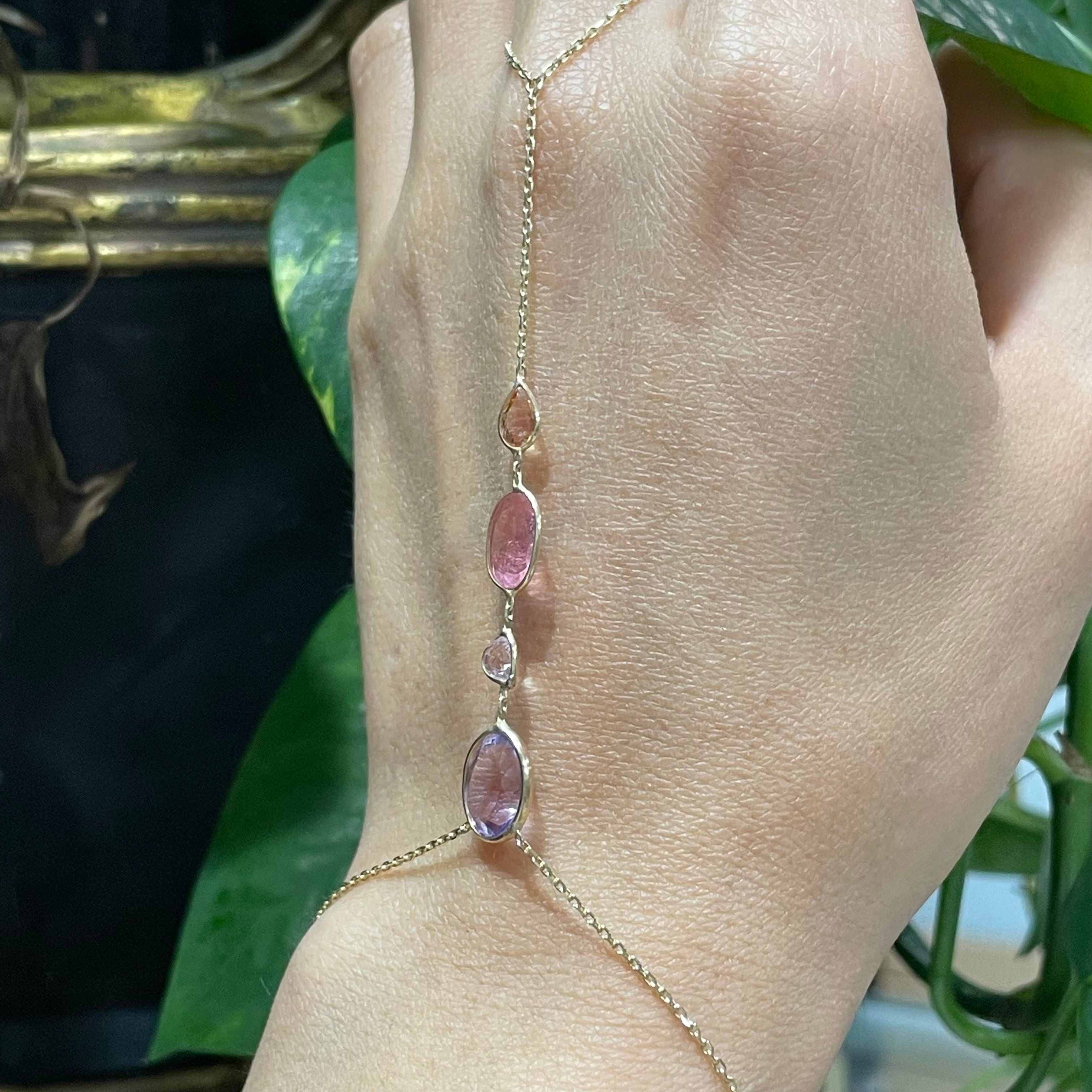 Tourmaline Sapphire, and Amethyst Handchain in solid 14k Yellow Gold