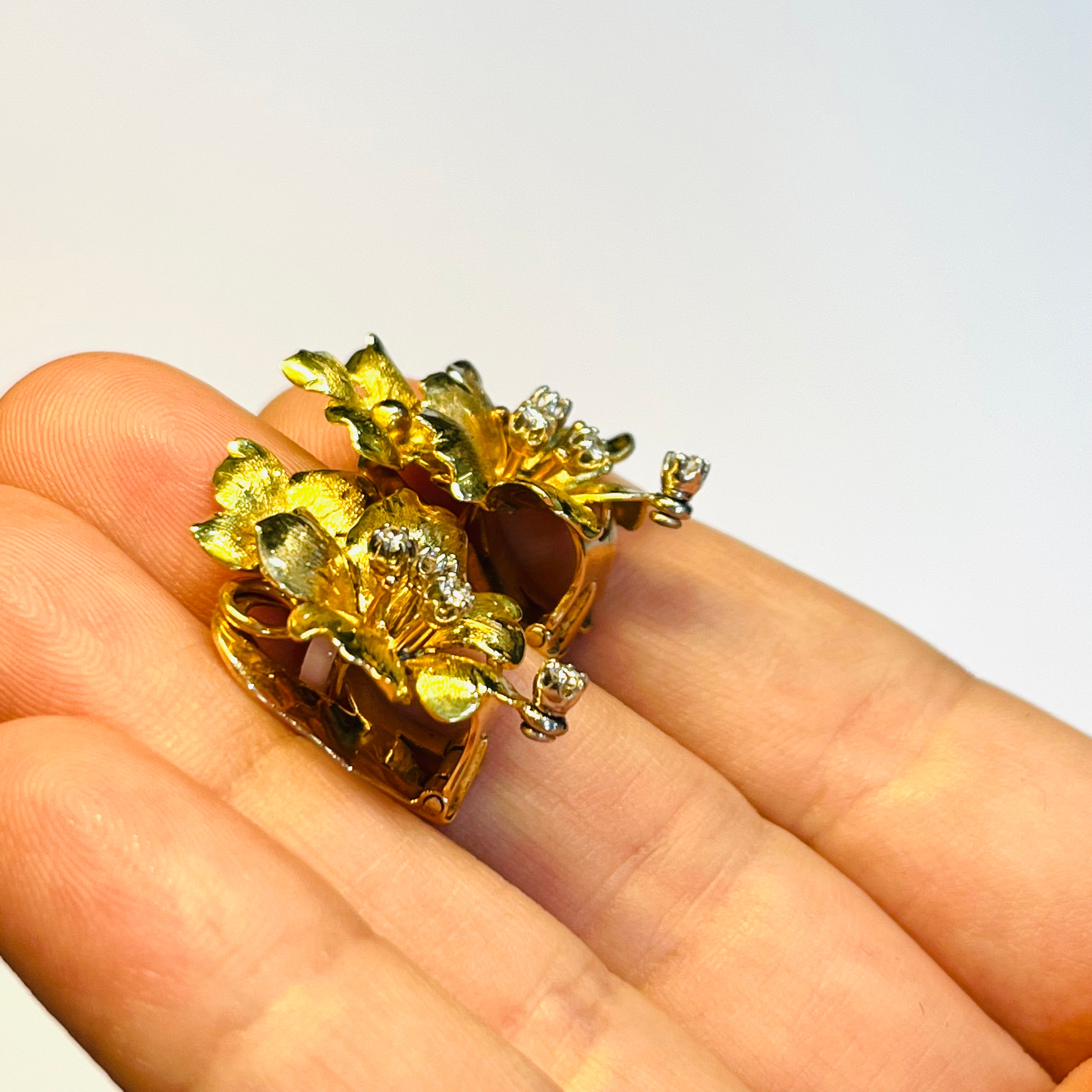 Gorgeous Antique Yellow and Rose Gold Flower Diamond Omega Back Earrings