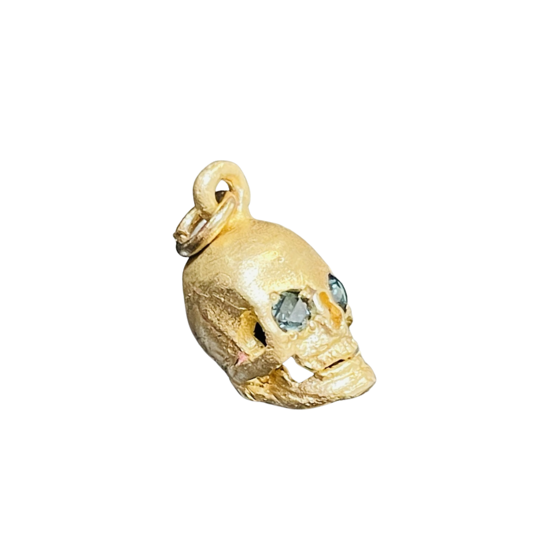 Blue Rose Cut Diamond 18K Yellow Gold Skull Charm Pendant