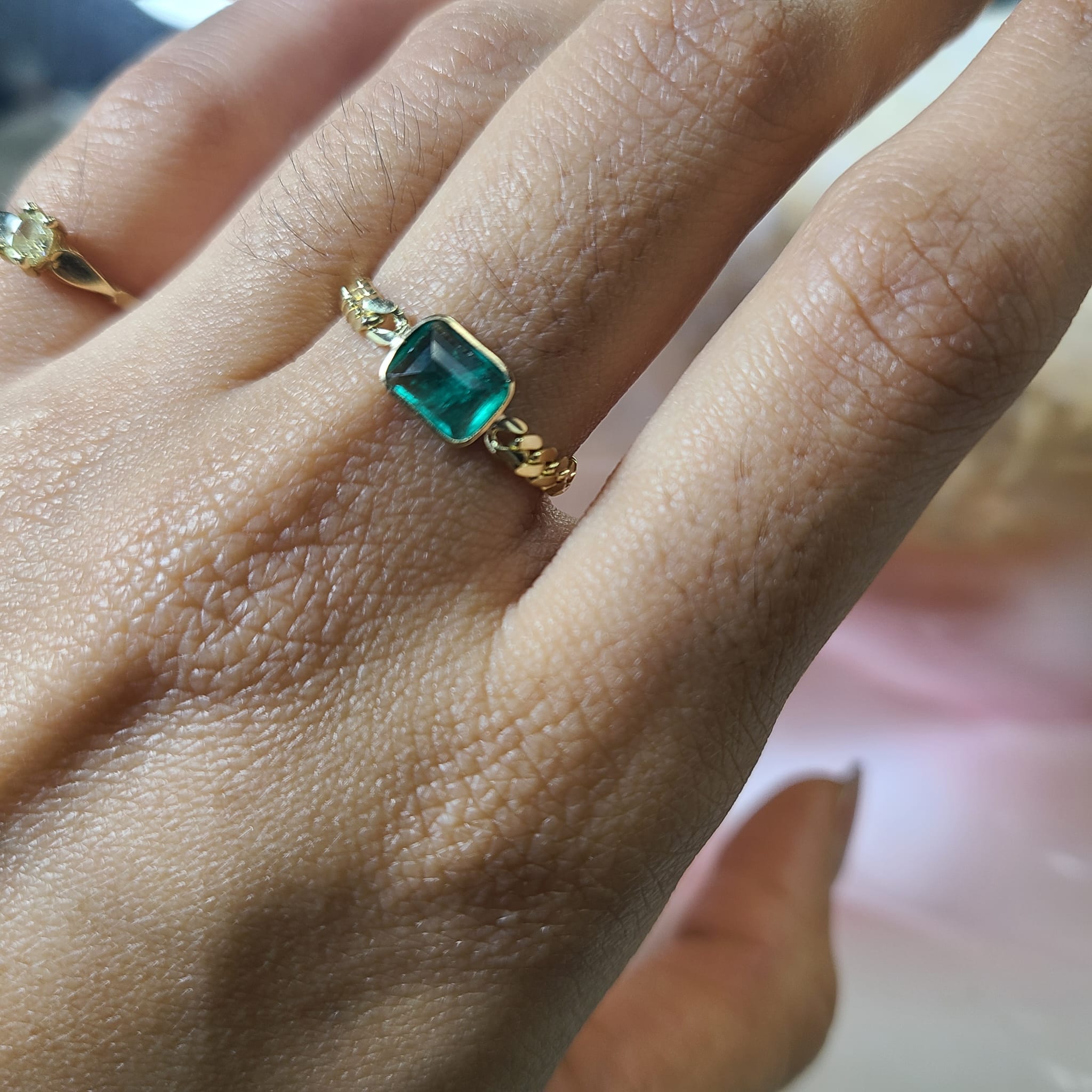 Solid 14K Yellow Gold Natural Emerald Cuban Chain Ring Size 7