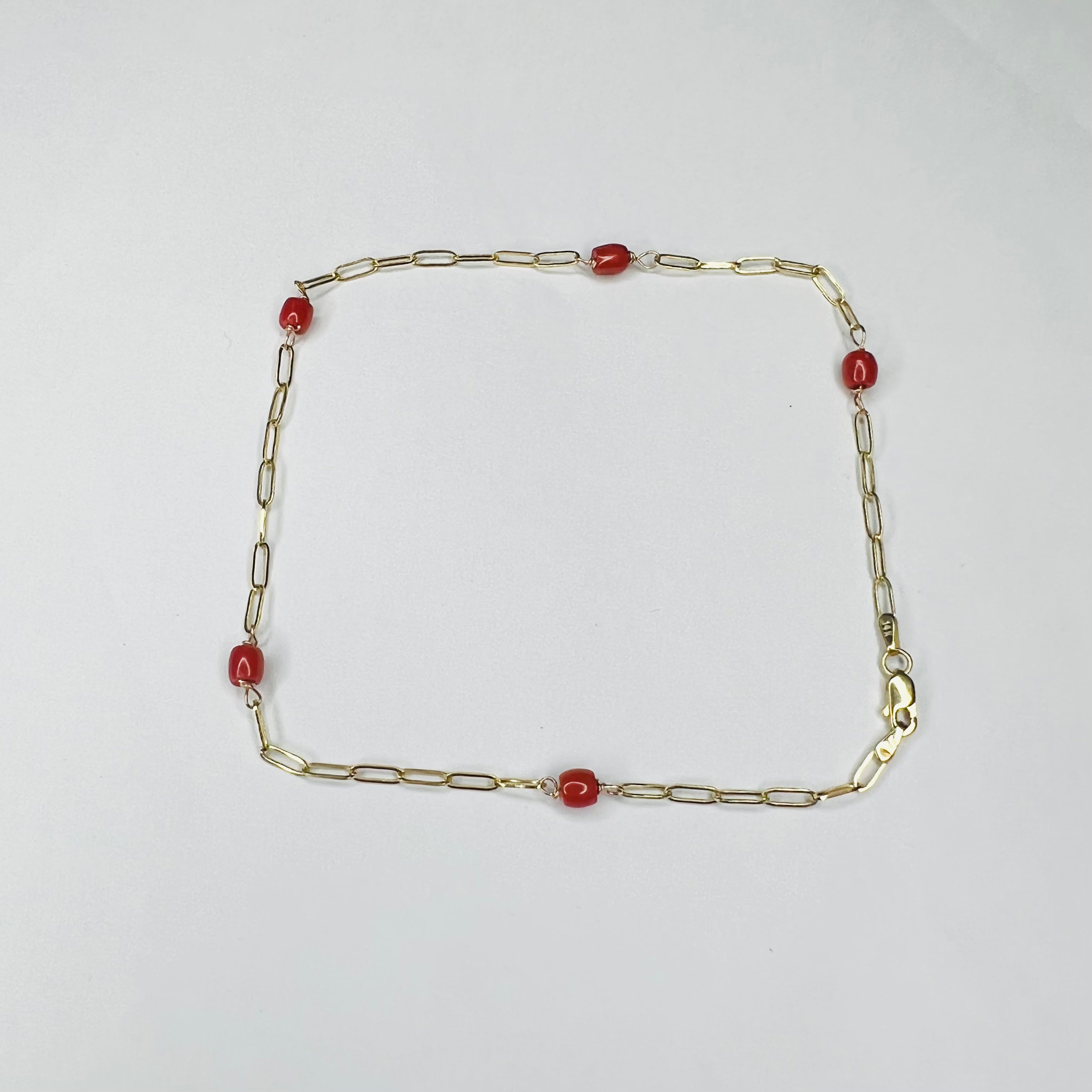 Solid 14K Yellow Gold Coral Beads Station Paperclip Anklet 10.5"