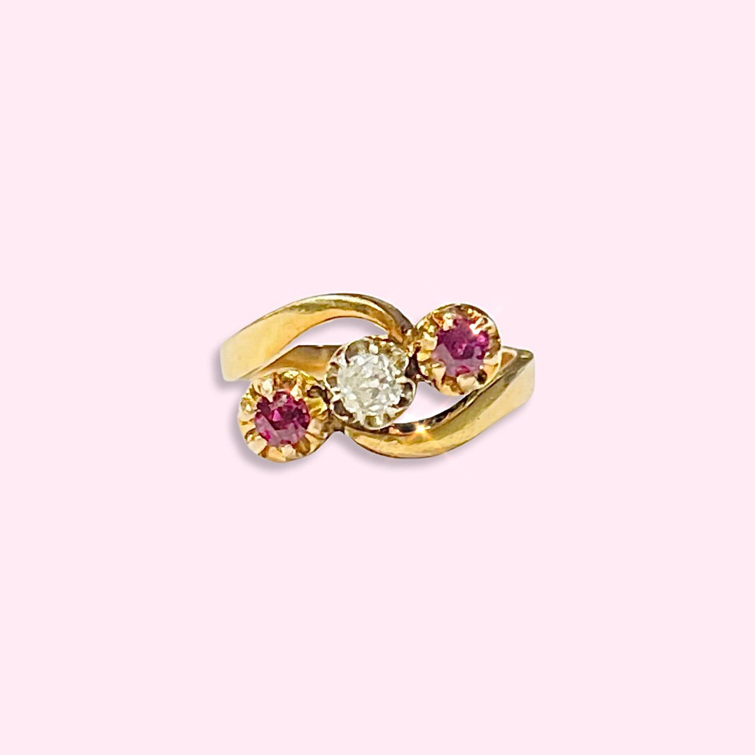 14K Yellow Gold Ring with Rubies and a Diamond Size 6