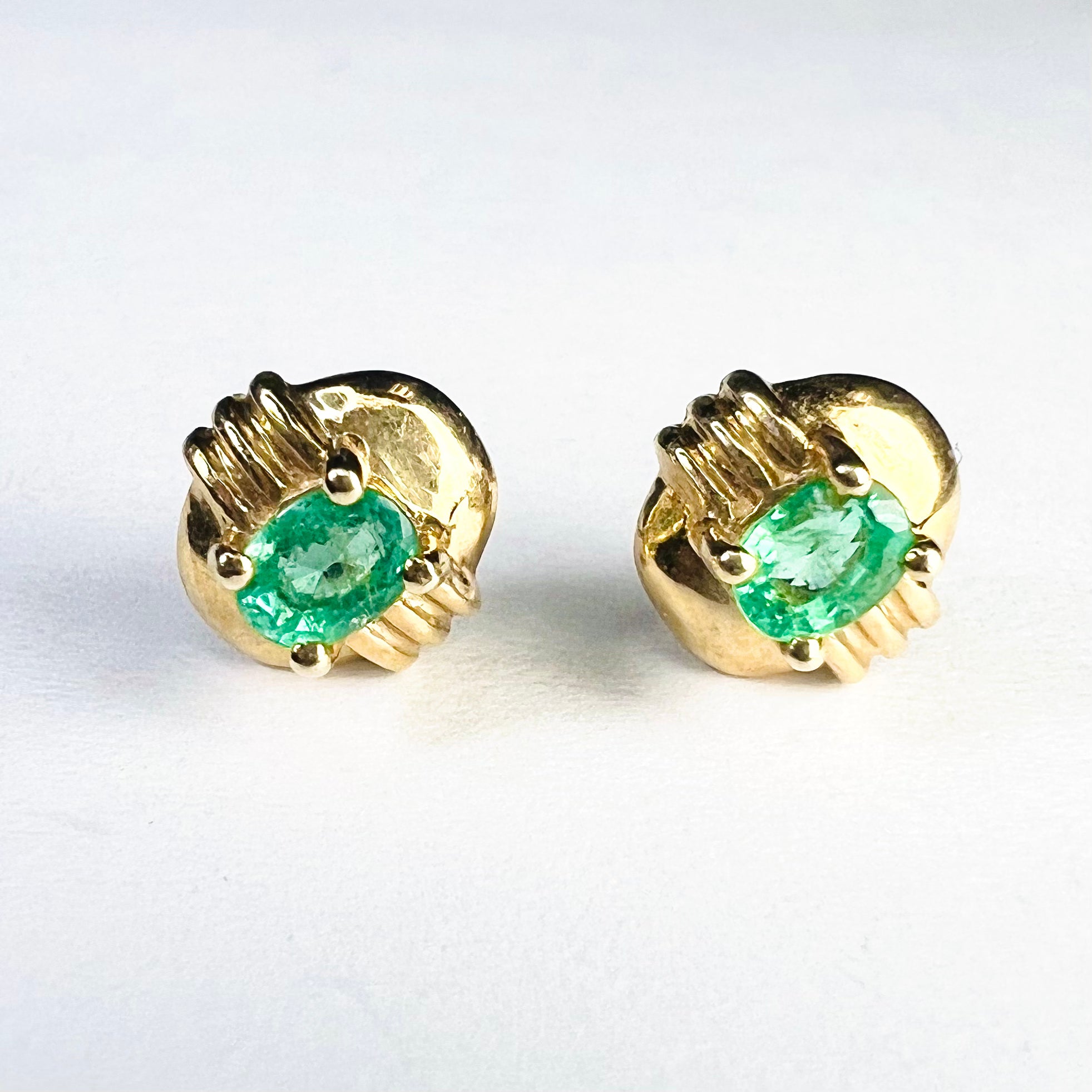 14K Yellow Gold .43ctw Oval Emerald Earring Pushback Studs 7x7mm