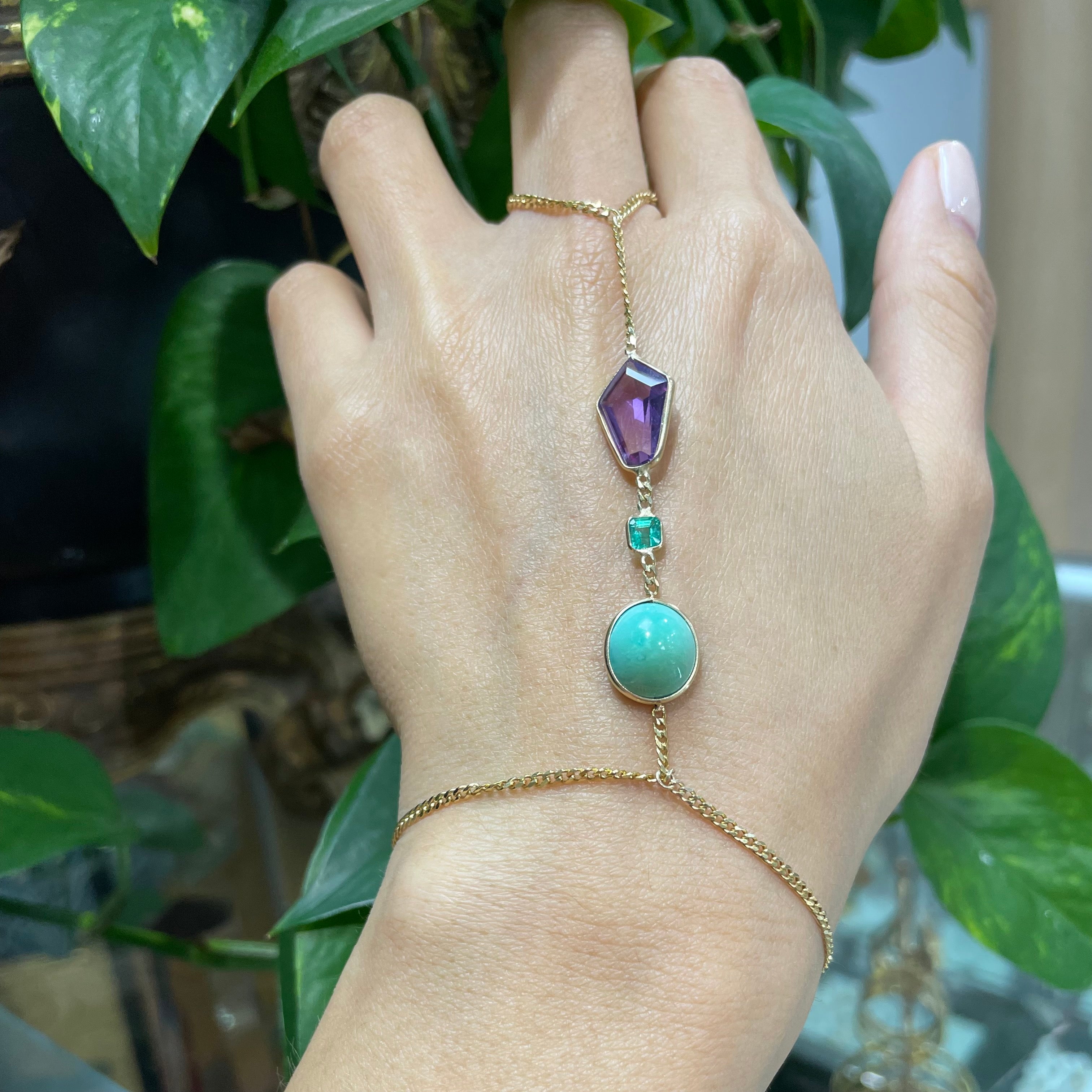 Turquoise Emerald Amethyst Handchain in solid 14k Yellow Gold