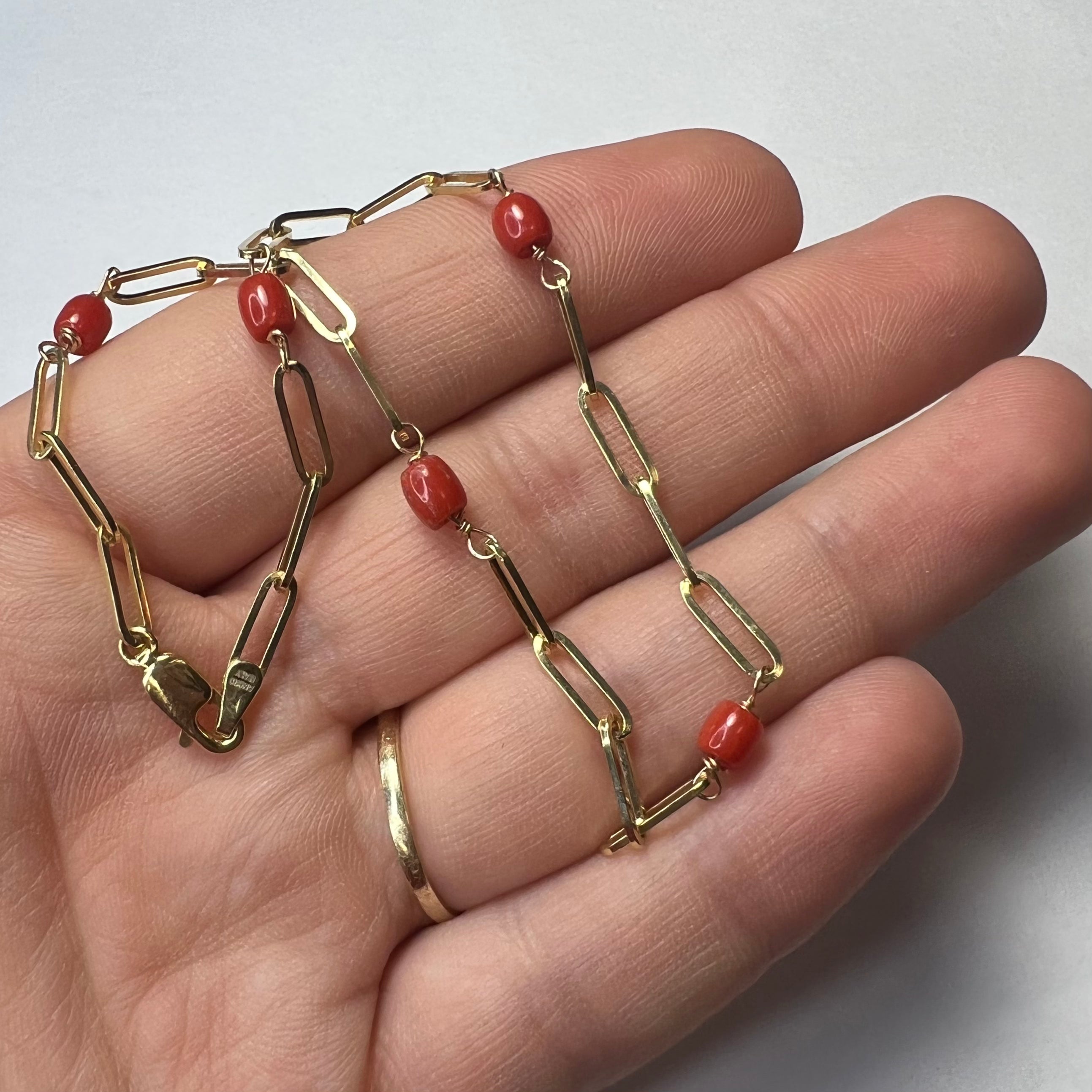 Solid 14K Yellow Gold Coral Beads Station Paperclip Anklet 10"