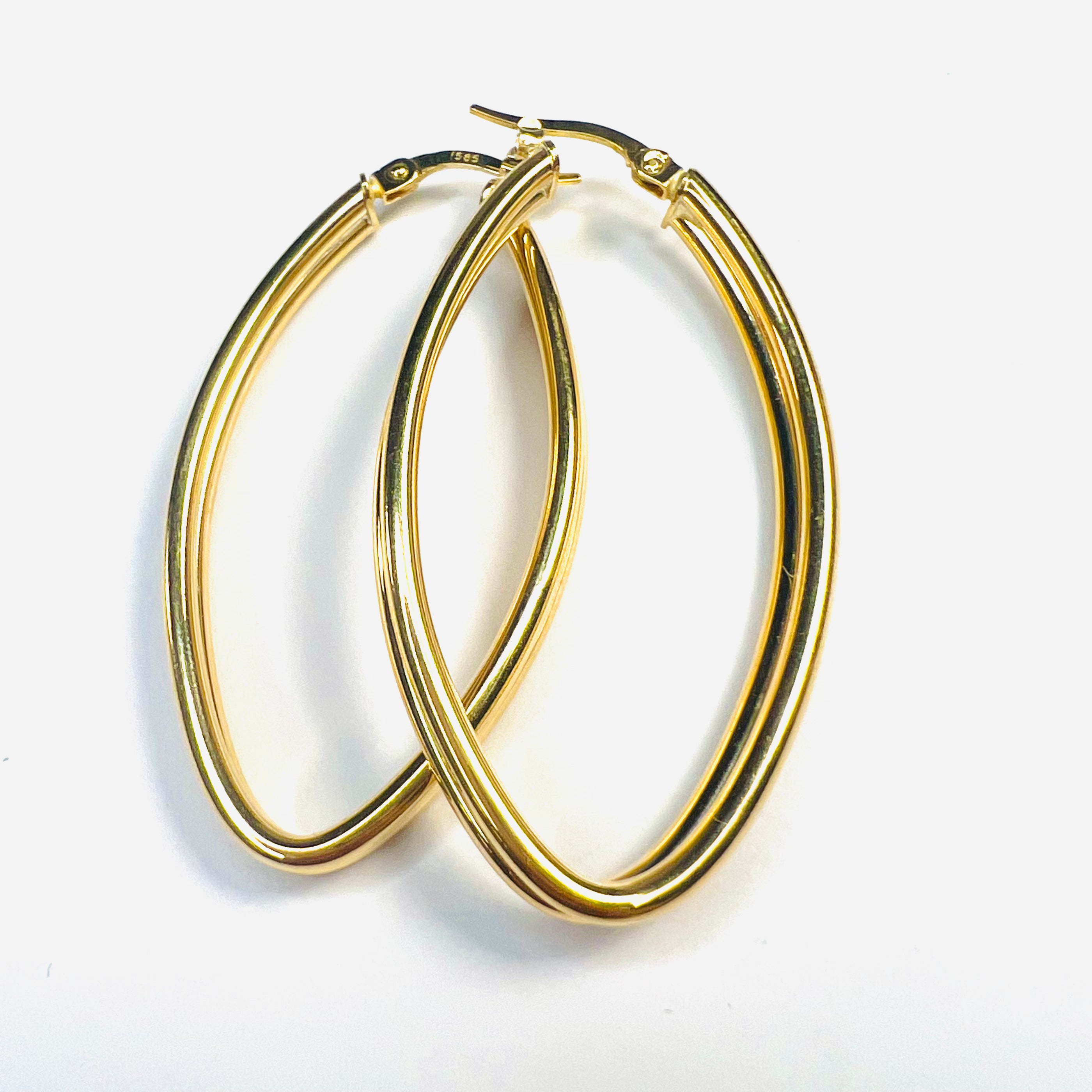 Beautiful New 14K Solid Yellow Gold Double Marquise Hoop Earrings 1.75"x.90"