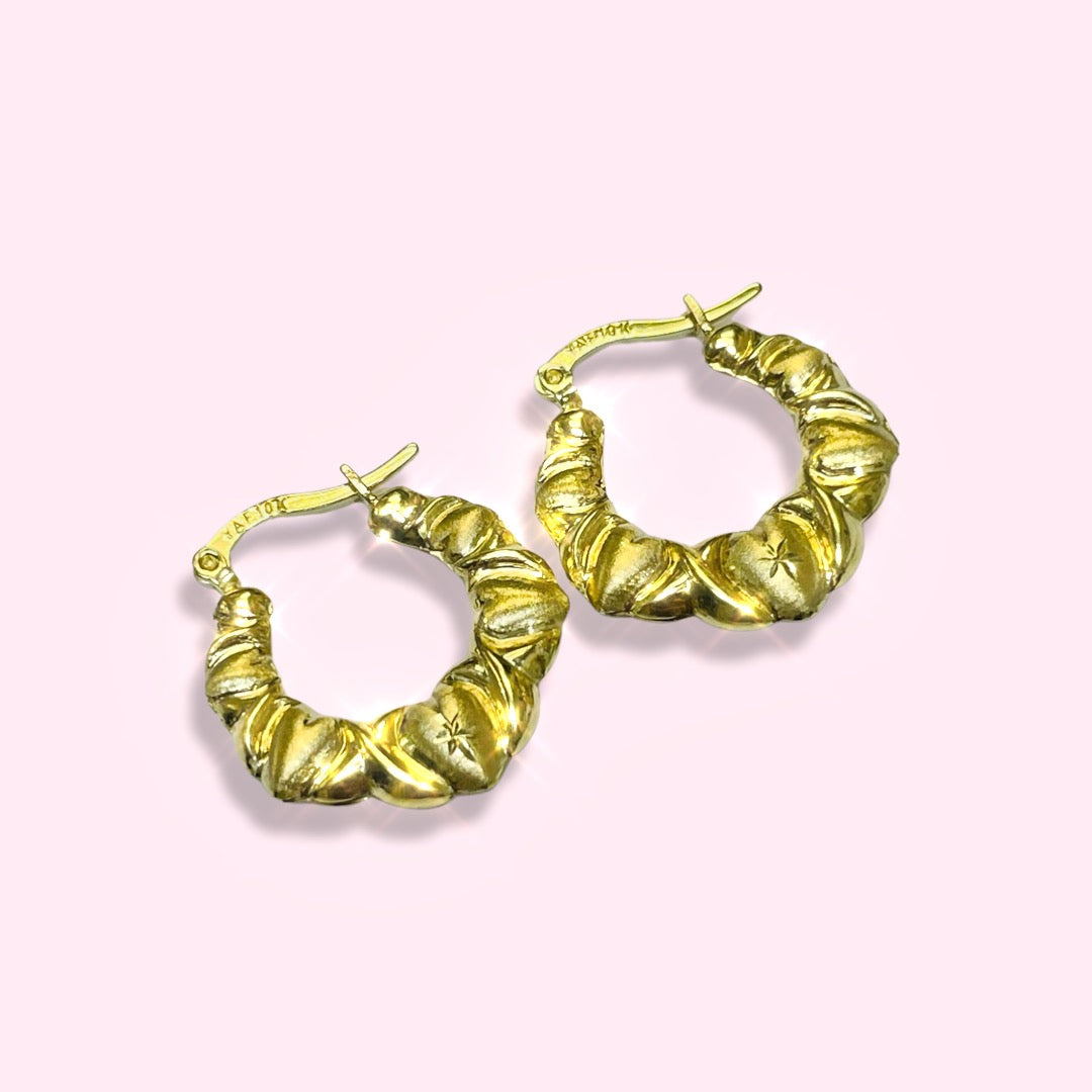 .90” 10K Yellow Gold Puffy Heart and X Hoops