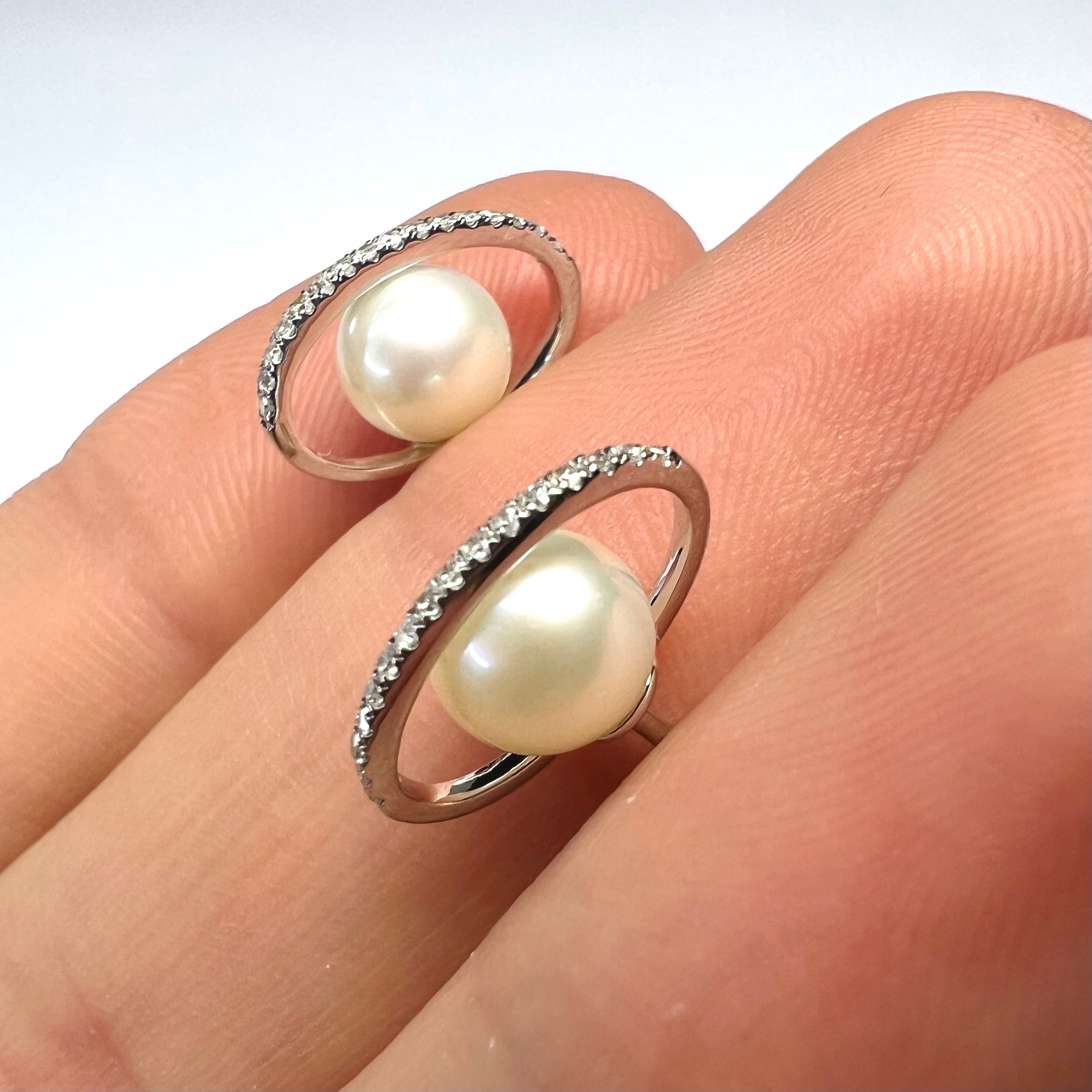 14K White Gold Pearl & Pave Diamond Planet Earring Studs 13x8mm