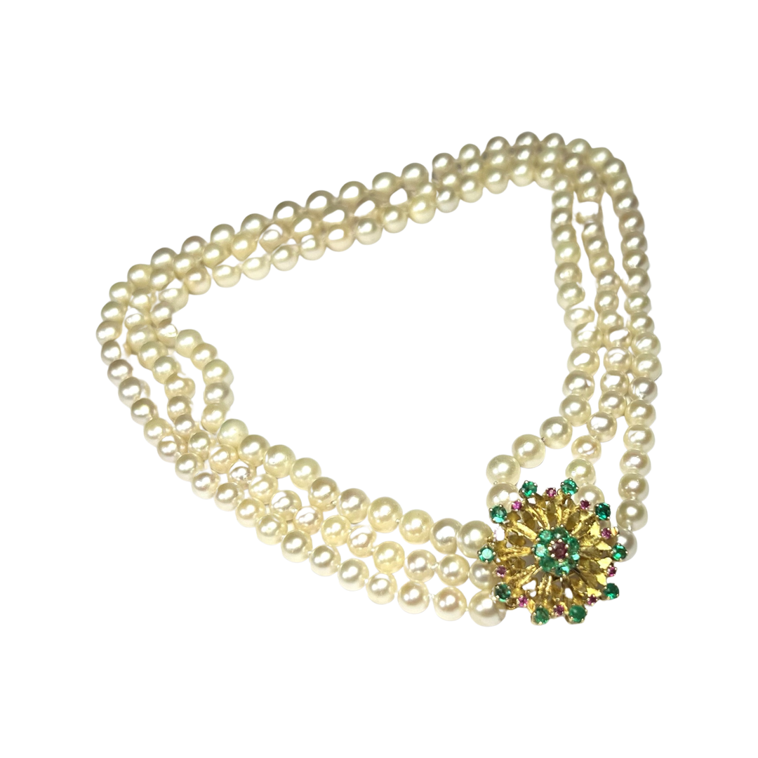 Pearls with Floral Emerald and Ruby 15" 14k Yellow Gold Necklace