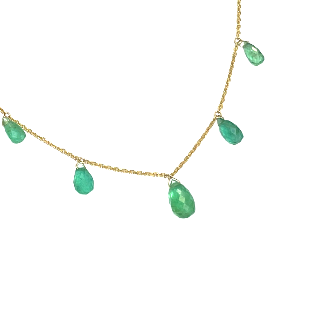 Seven Colombian Emeralds Briolette 16” 14K Yellow Gold Necklace