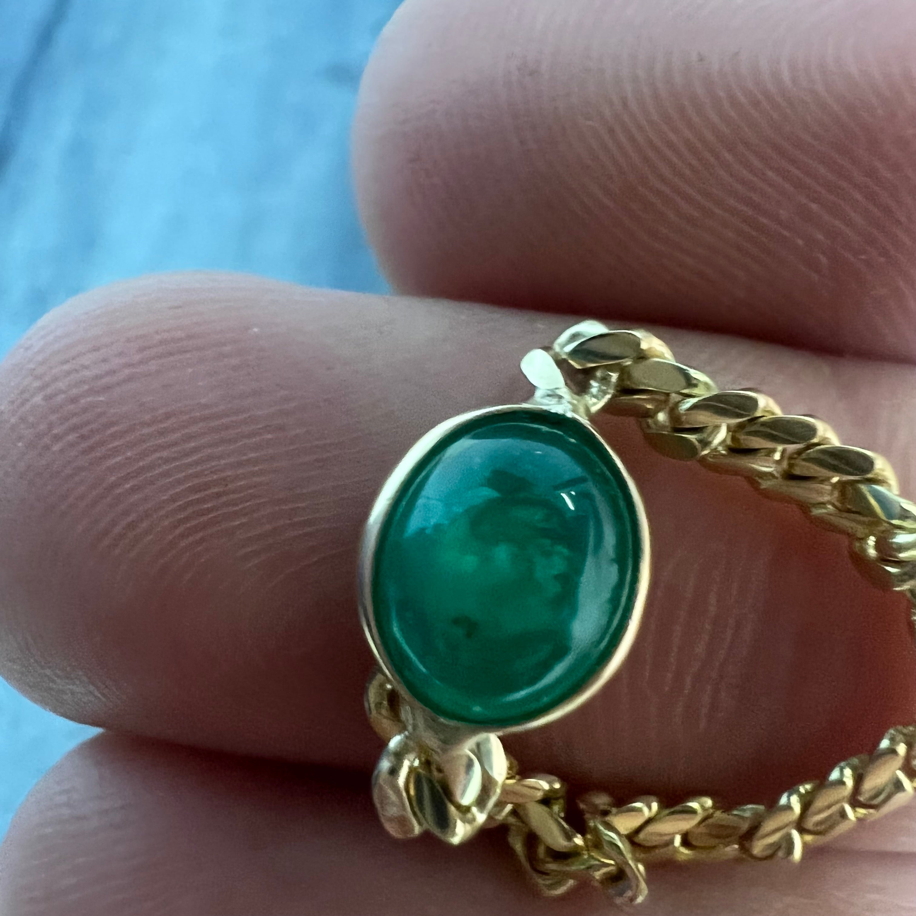 Solid 14K Yellow Gold Cabochon Emerald Cuban Chain Ring Size 7.5