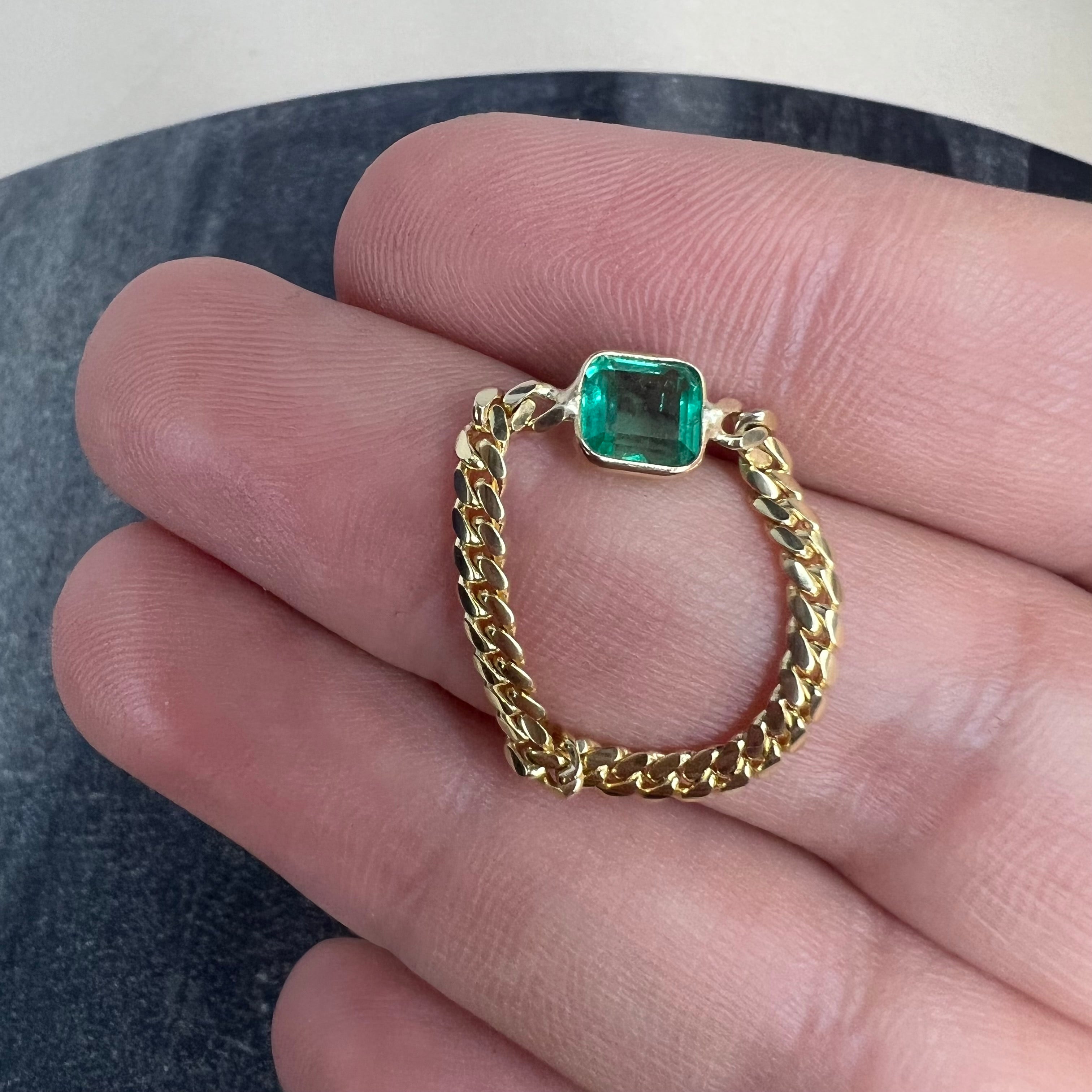 Solid 14K Yellow Gold Natural Square Emerald Cuban Chain Ring Size 7