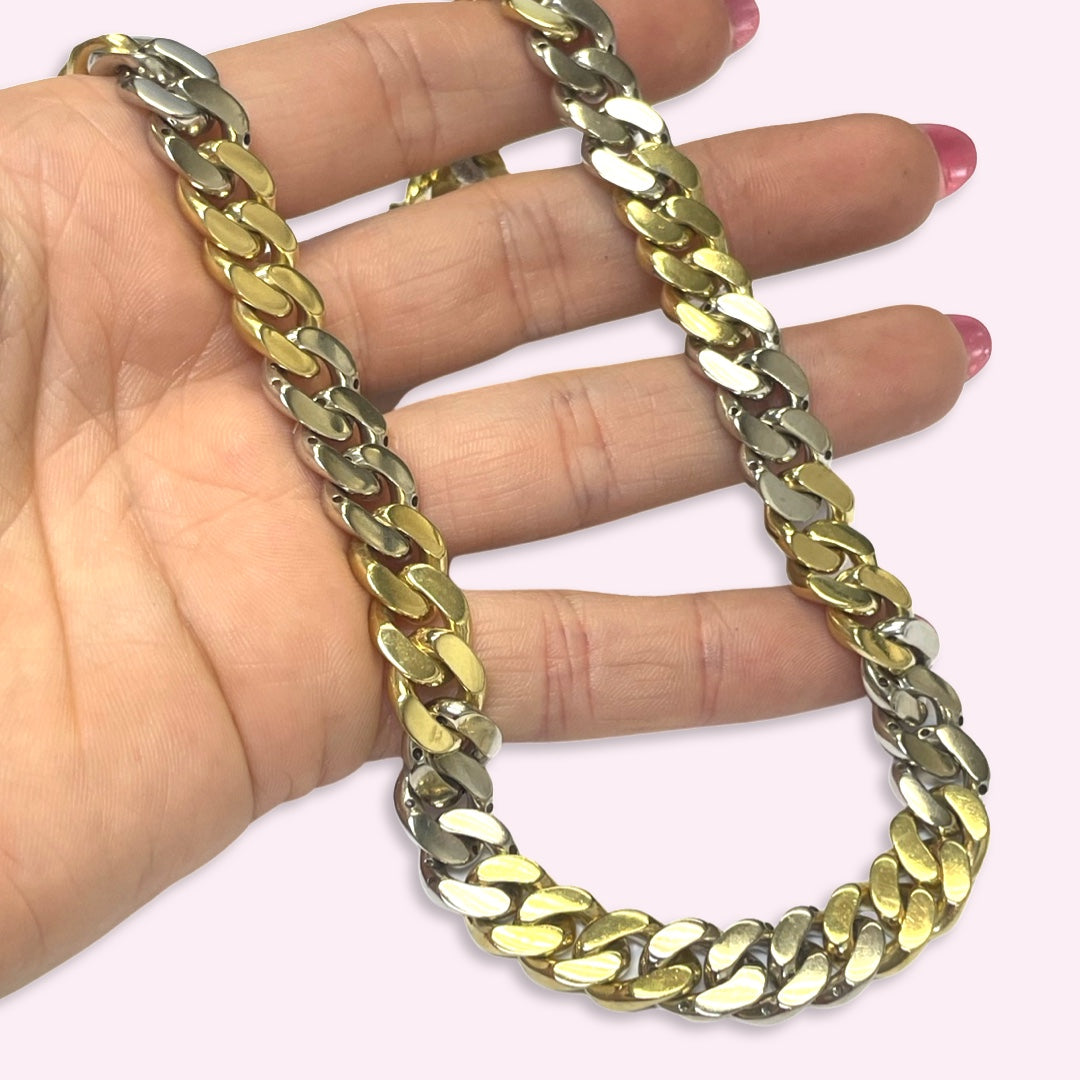 16" 10mm Solid 18K Yellow and White Two Tone Diamond Pave Cuban Curb Link Neckla