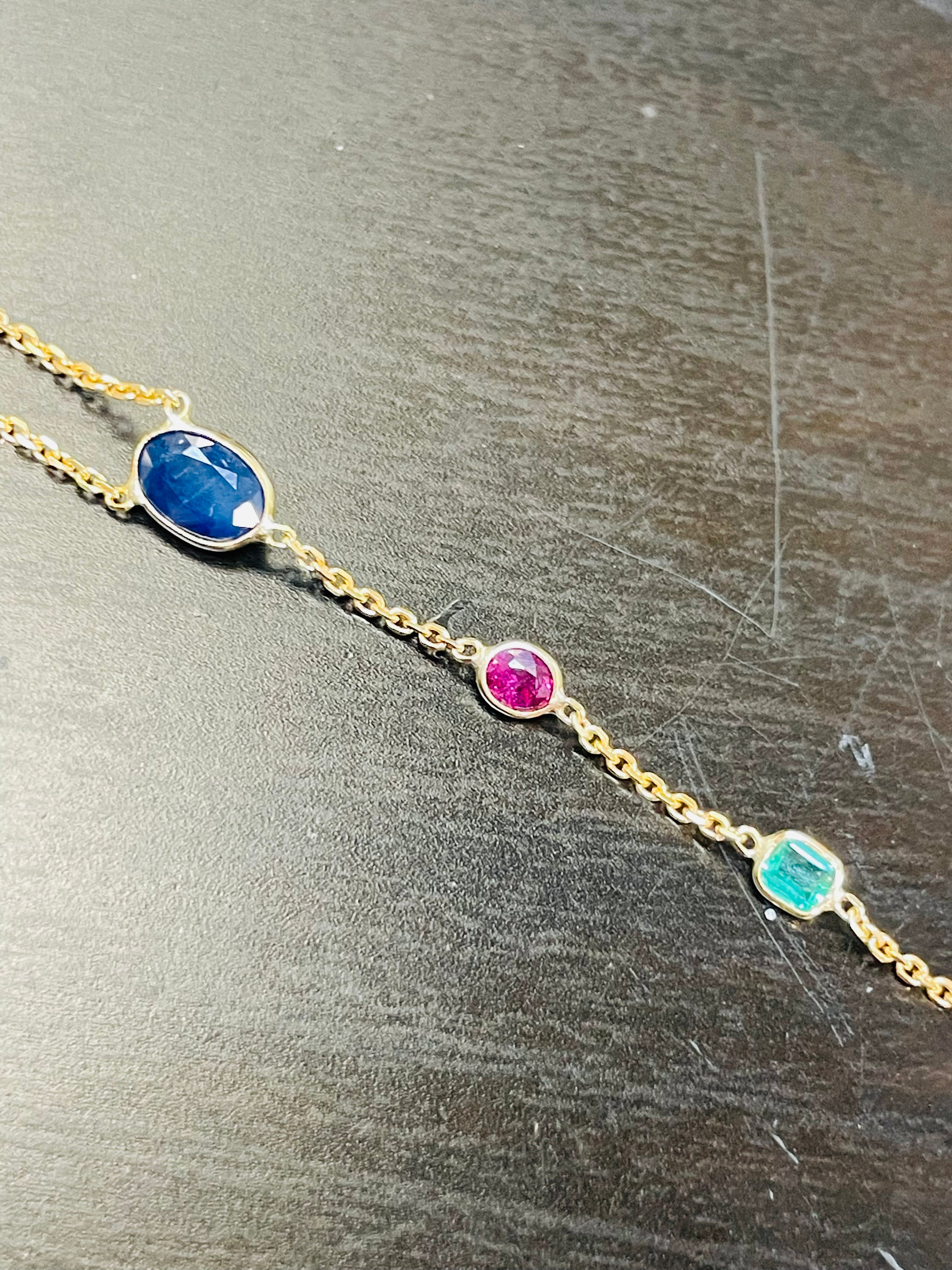 Emerald Ruby Sapphire Hand Chain Solid 14k Yellow Gold