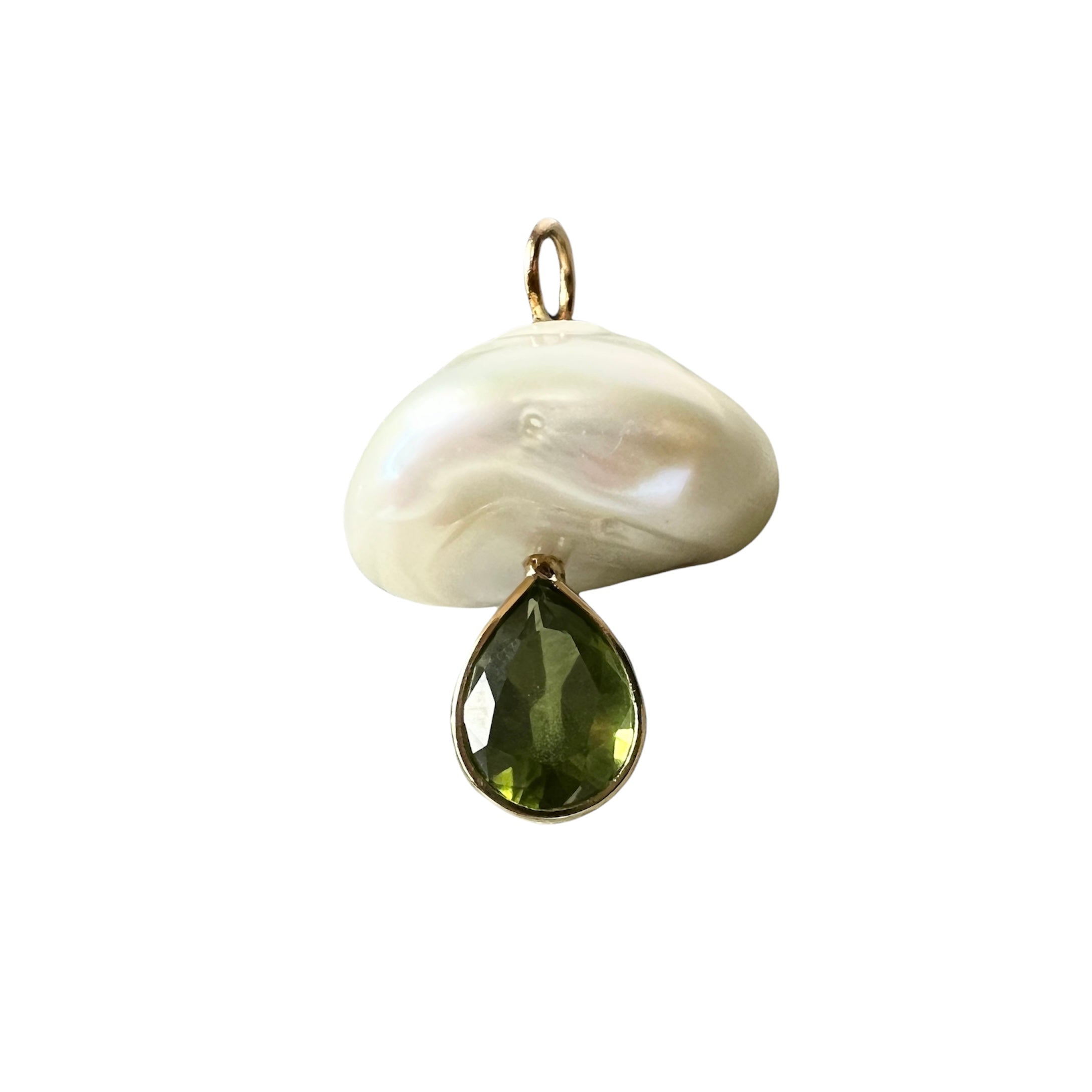 Natural Green Pear Tourmaline and Pearl Mushroom 14K Yellow Gold Pendant Charm 23x16mm
