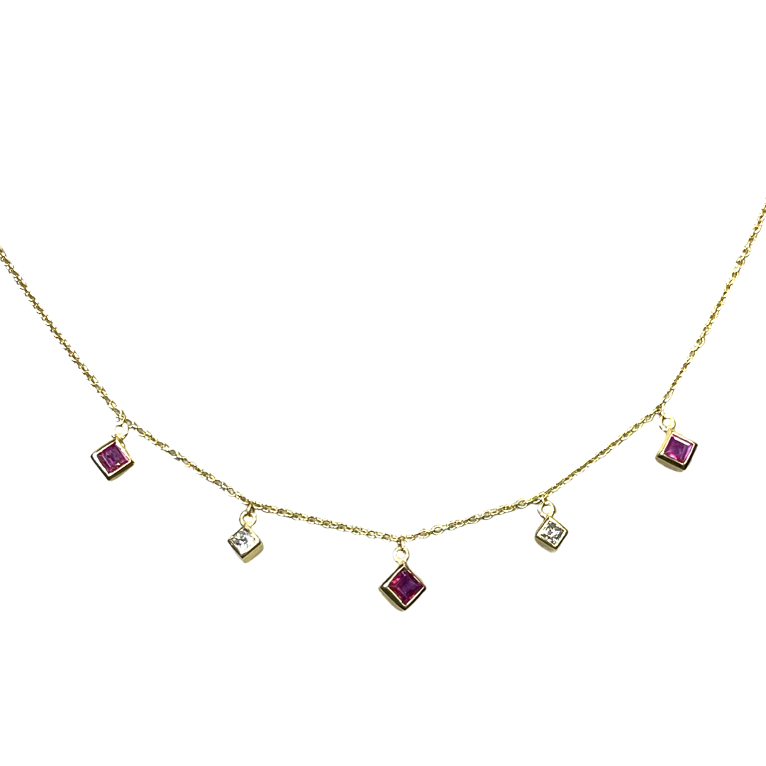 Princess Cut Ruby and Diamond 16" 14k Yellow Gold Dangle Necklace