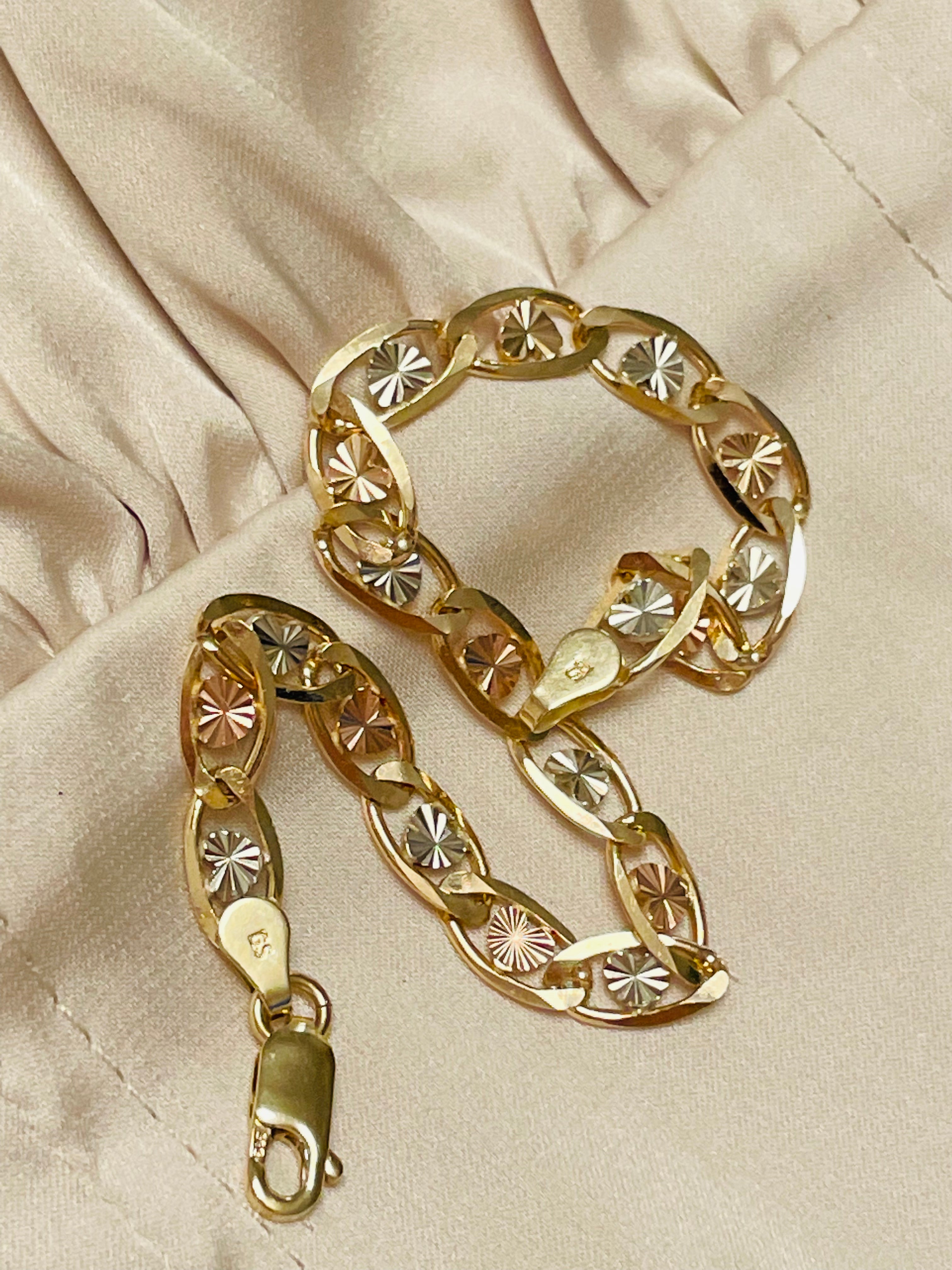 14K Tritone Yellow Rose White Gold Diamond Cut Heart Curb Bracelet