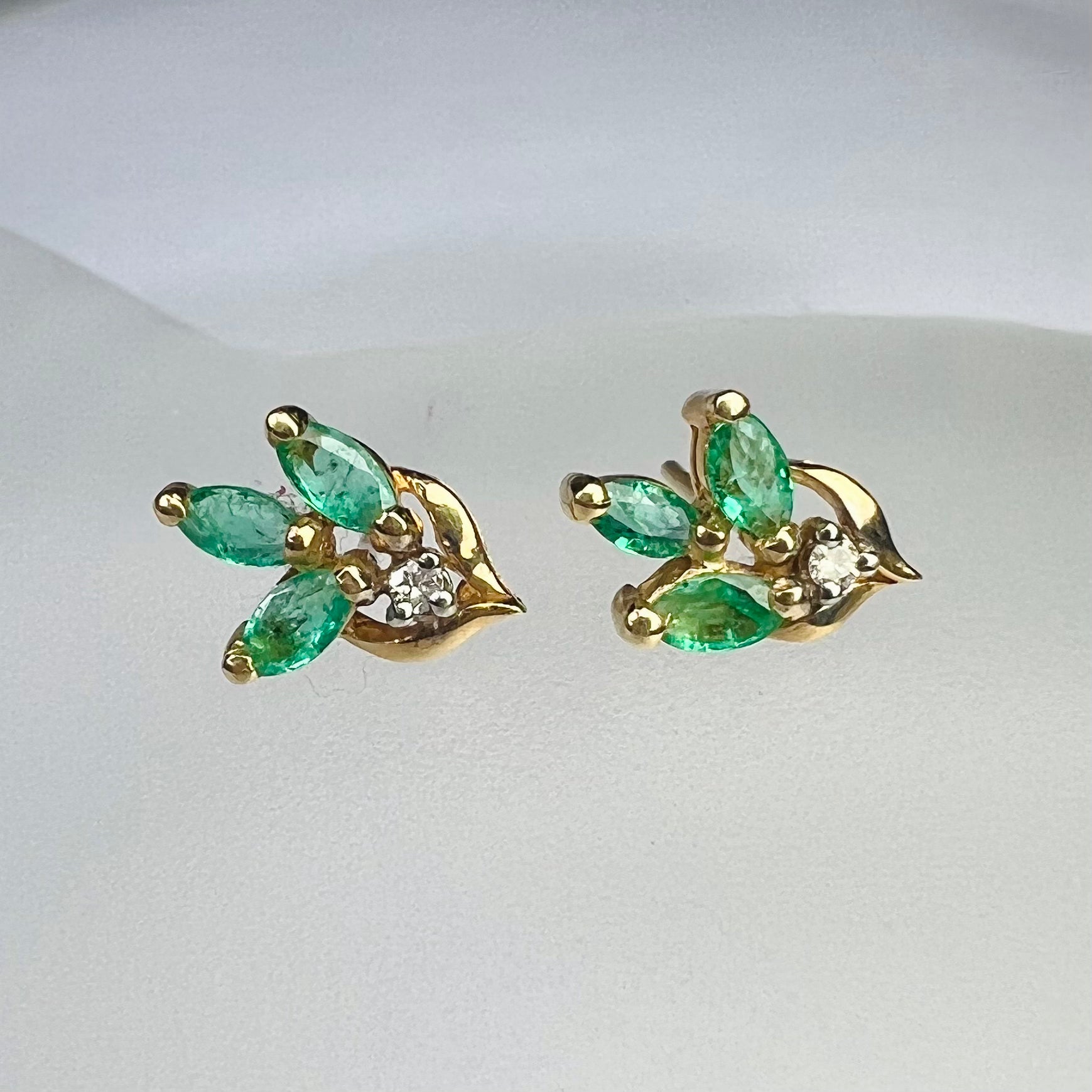 14K Yellow Gold Marquise Emerald & Diamond Floral Earring Pushback Studs 11x7mm