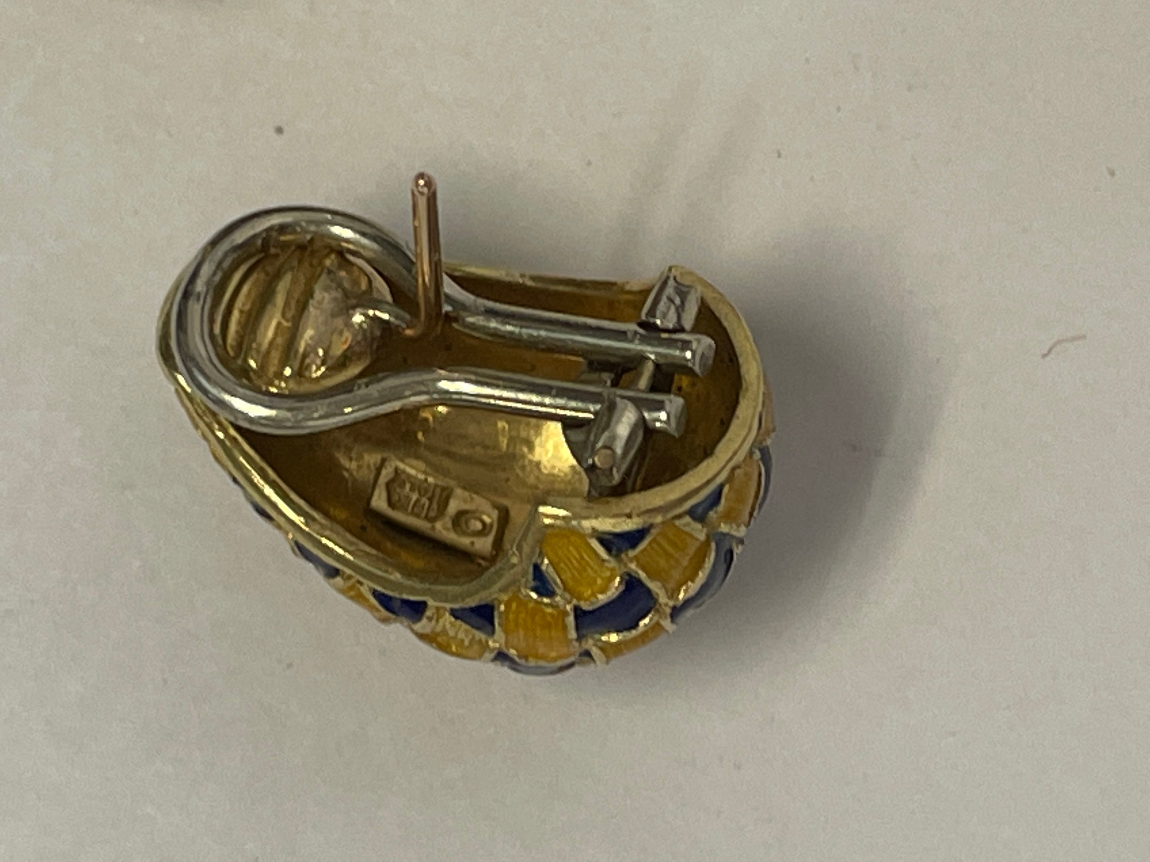 Solid 18K Yellow Gold Italian Vintage Enamel Earrings