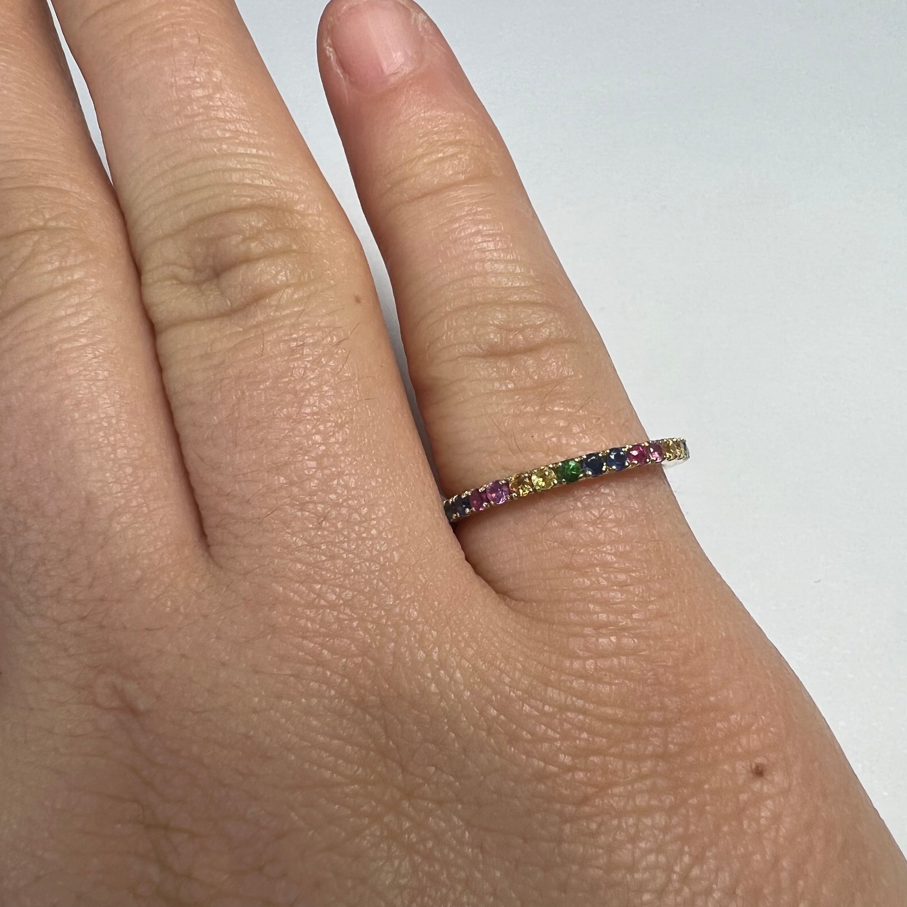 Solid 14K Yellow Gold Natural Rainbow Sapphire Eternity Ring Band Size 6.5