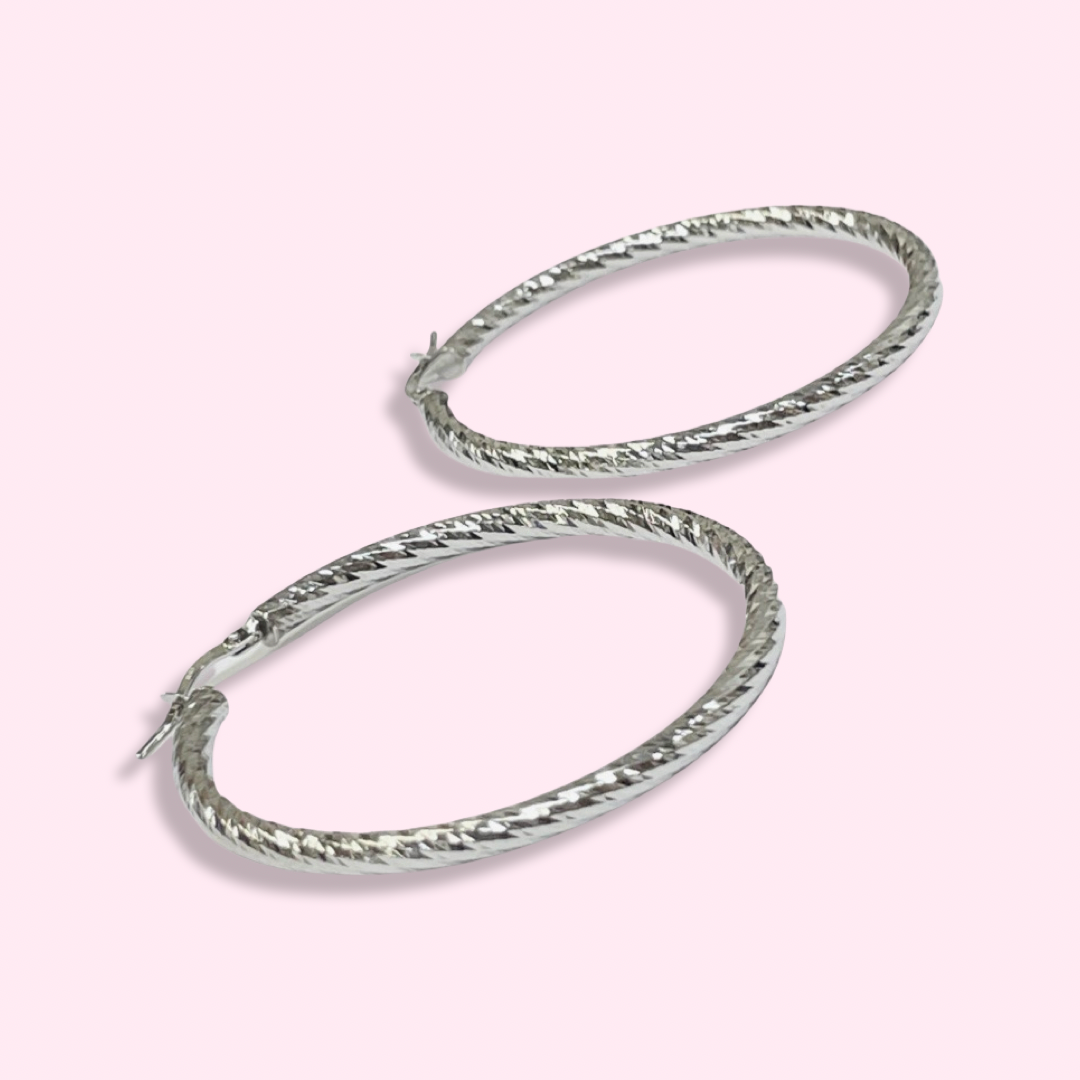 1.75” 3mm 10K White Gold Diamond Cut Round Hoop Earrings