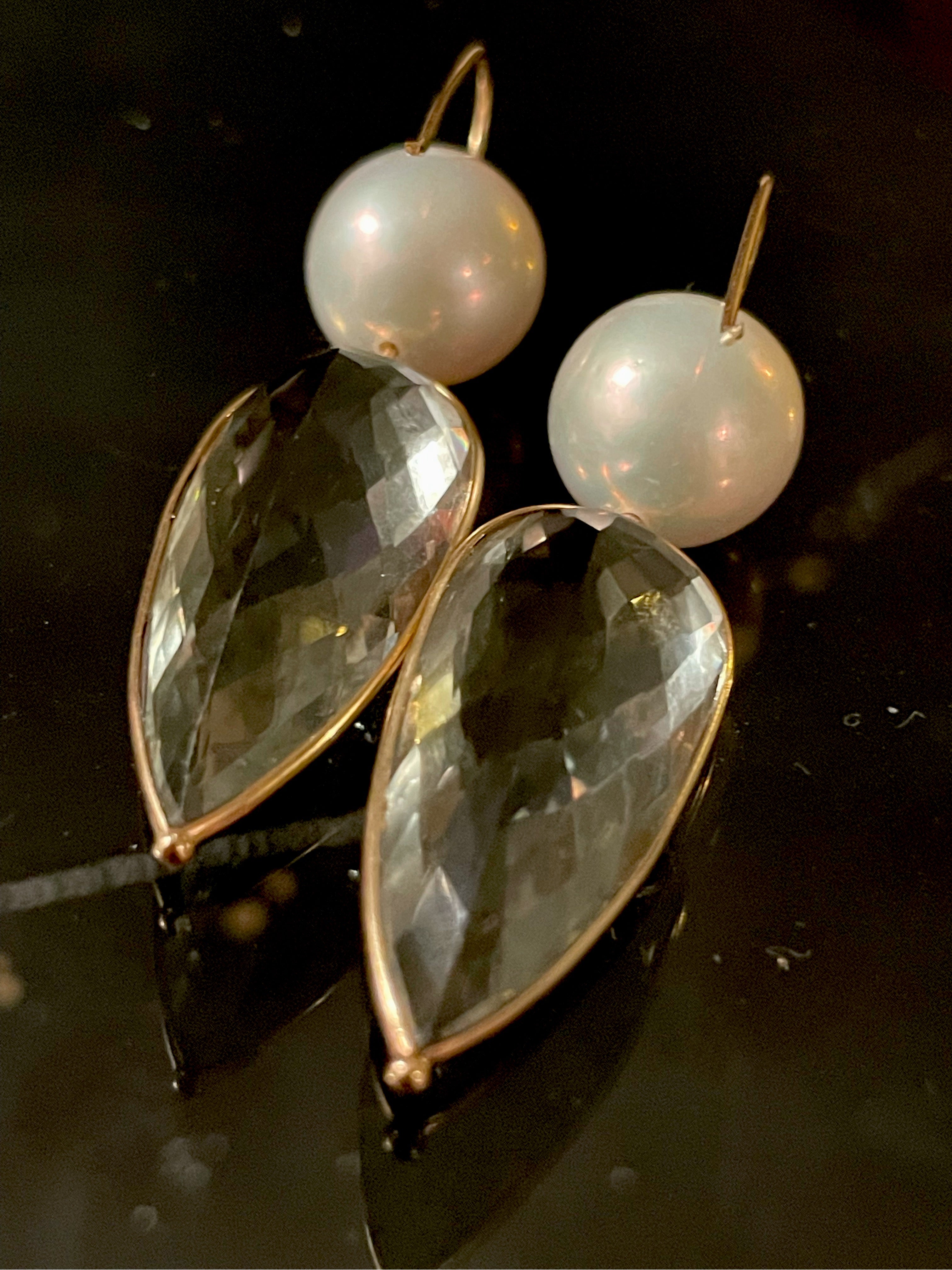 Freshwater 12mm Freshwater Pearl and Green Amethyst Yellow 14K Gold Earrings