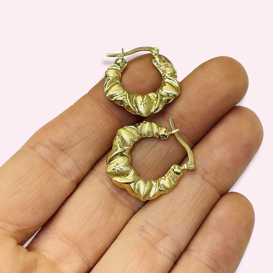.90” 10K Yellow Gold Puffy Heart and X Hoops
