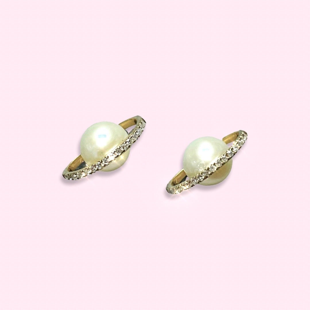 14K Yellow Gold Pearl & Pave Diamond Planet Earring Studs 13x8mm