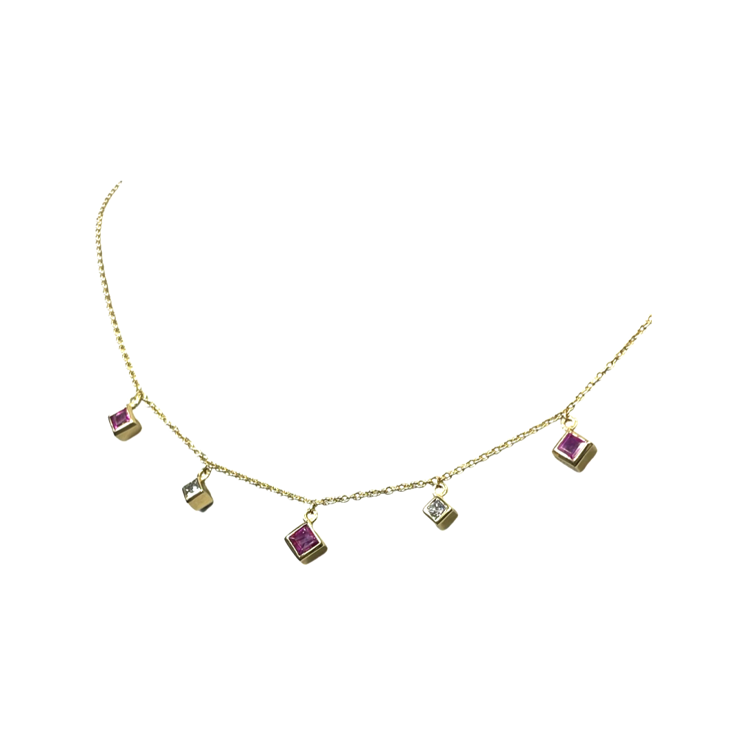 Princess Cut Ruby and Diamond 16" 14k Yellow Gold Dangle Necklace