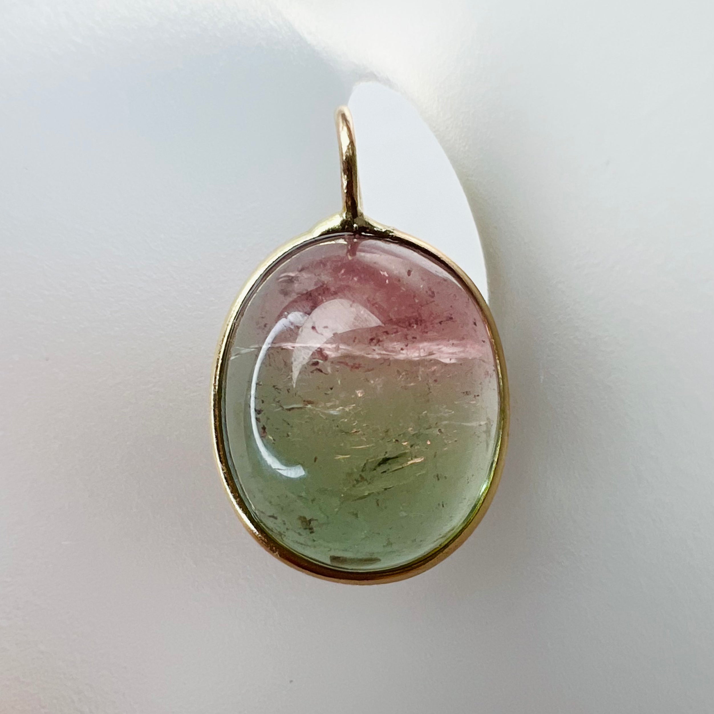 6.5CT Natural Light Watermelon Cabochon Tourmaline Solid 14K Yellow Gold Pendant Charm 17.5x11mm