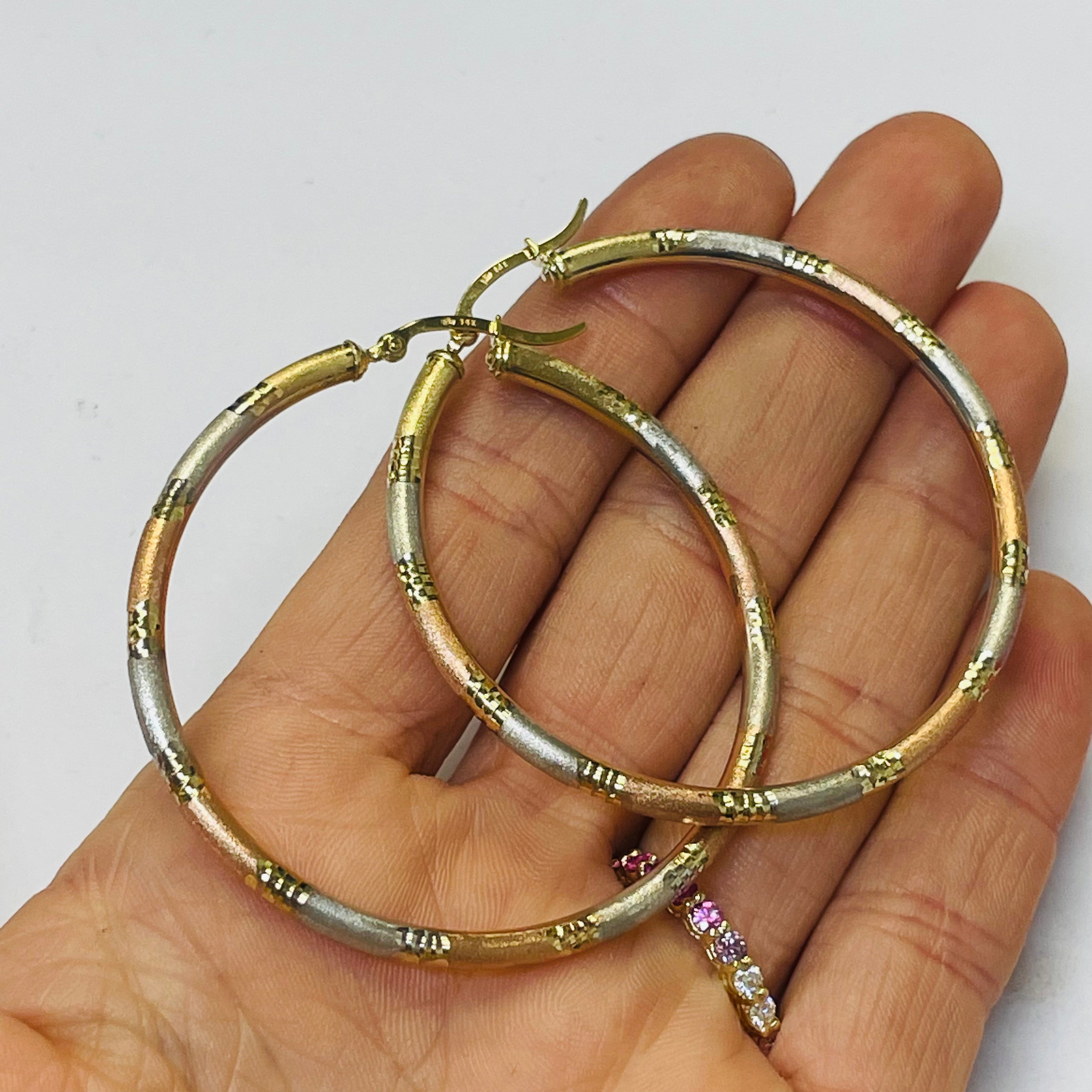 2” 3mm Satin Finished Striped Tritone Hoop Earrings