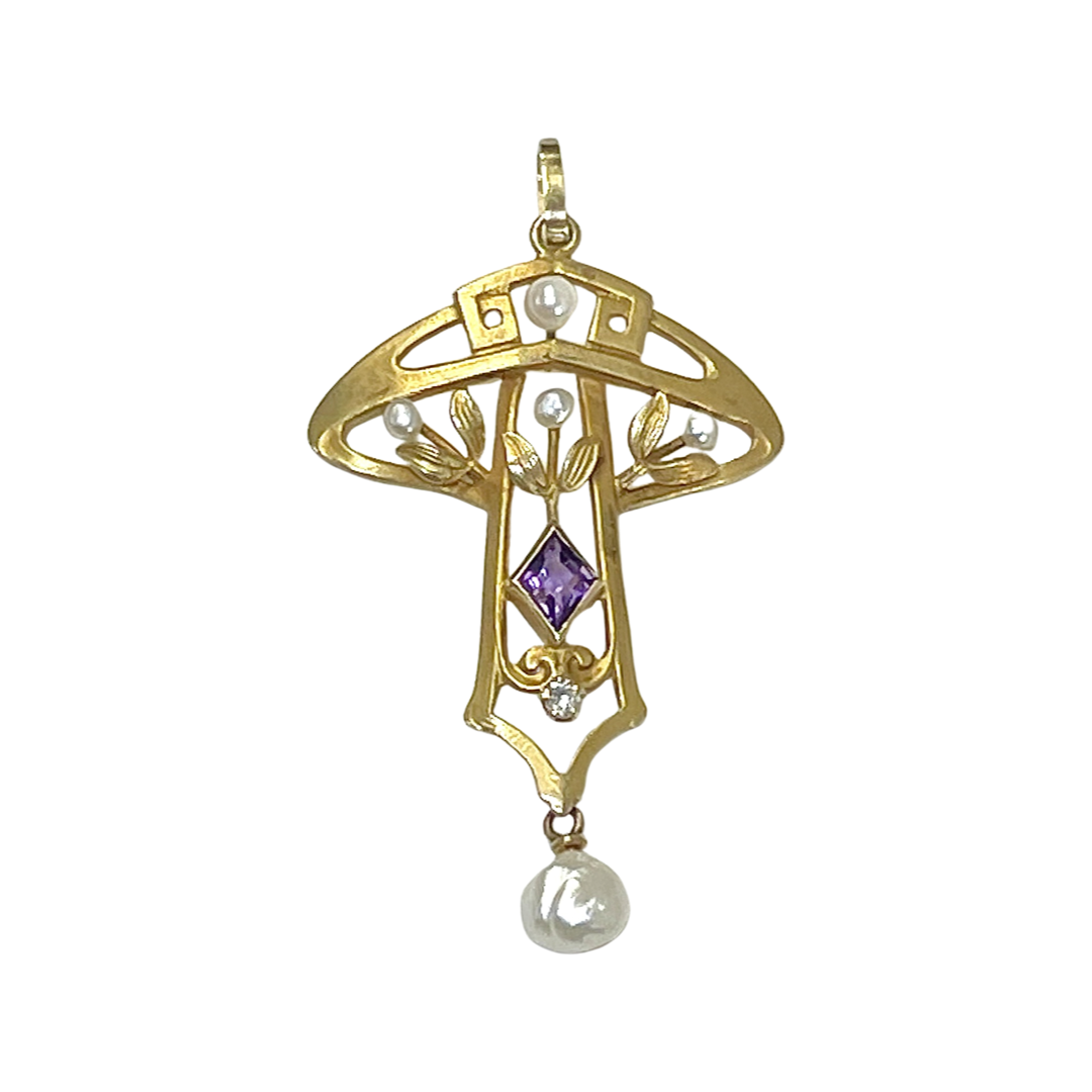 Amethyst and Pearl American Art Nouveau Period 14K Gold Charm Pendant