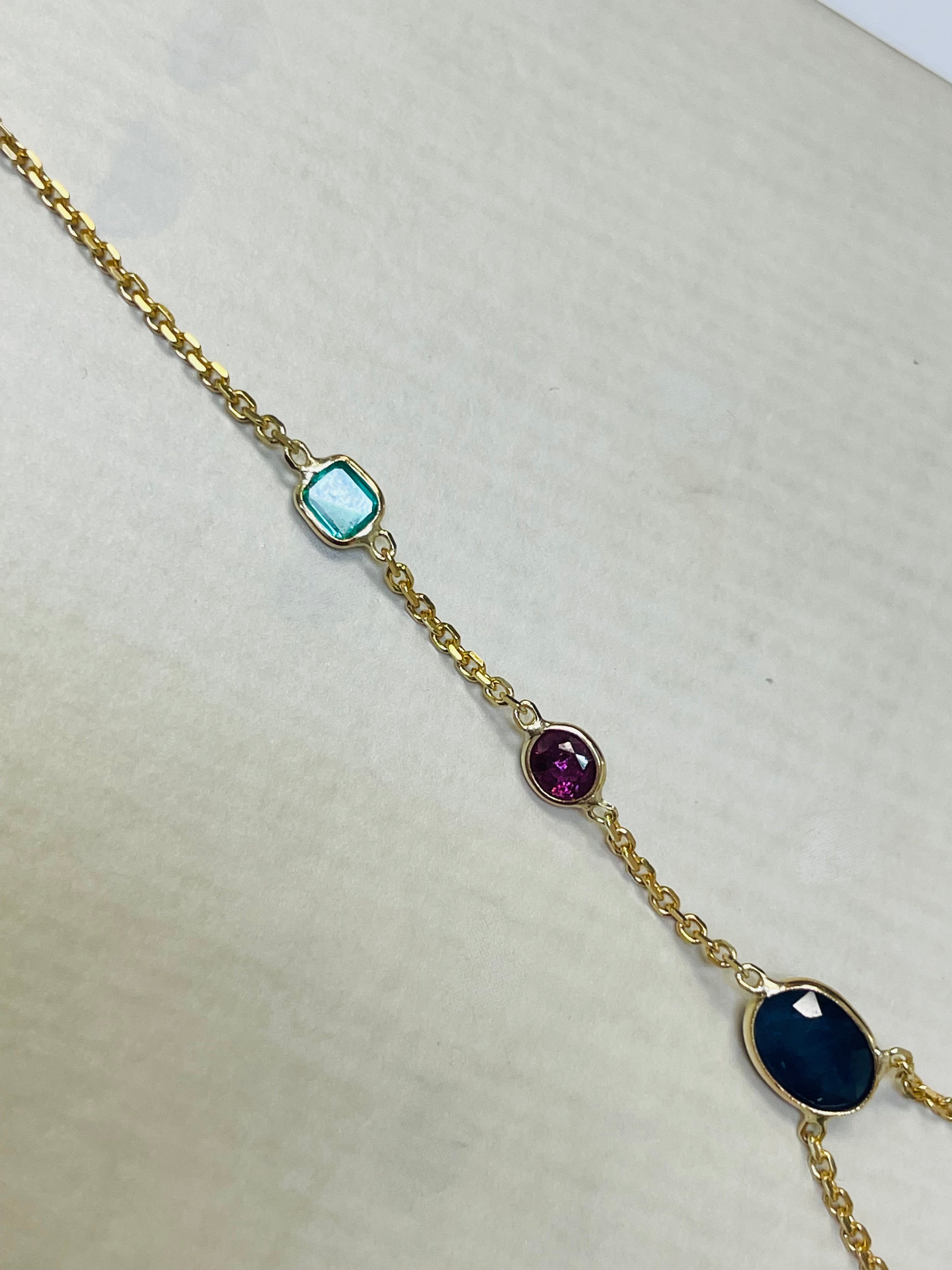 Emerald Ruby Sapphire Hand Chain Solid 14k Yellow Gold