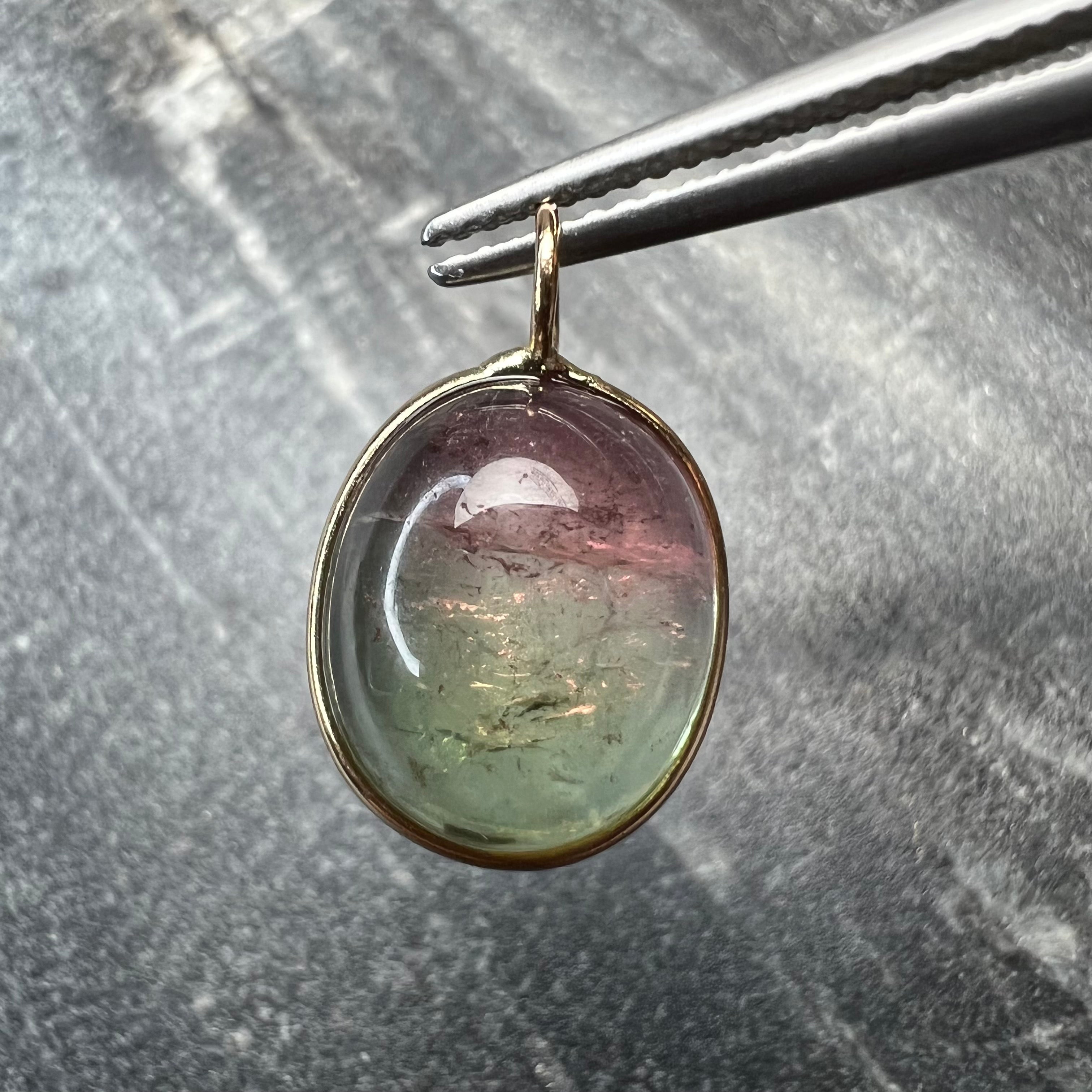 6.5CT Natural Light Watermelon Cabochon Tourmaline Solid 14K Yellow Gold Pendant Charm 17.5x11mm