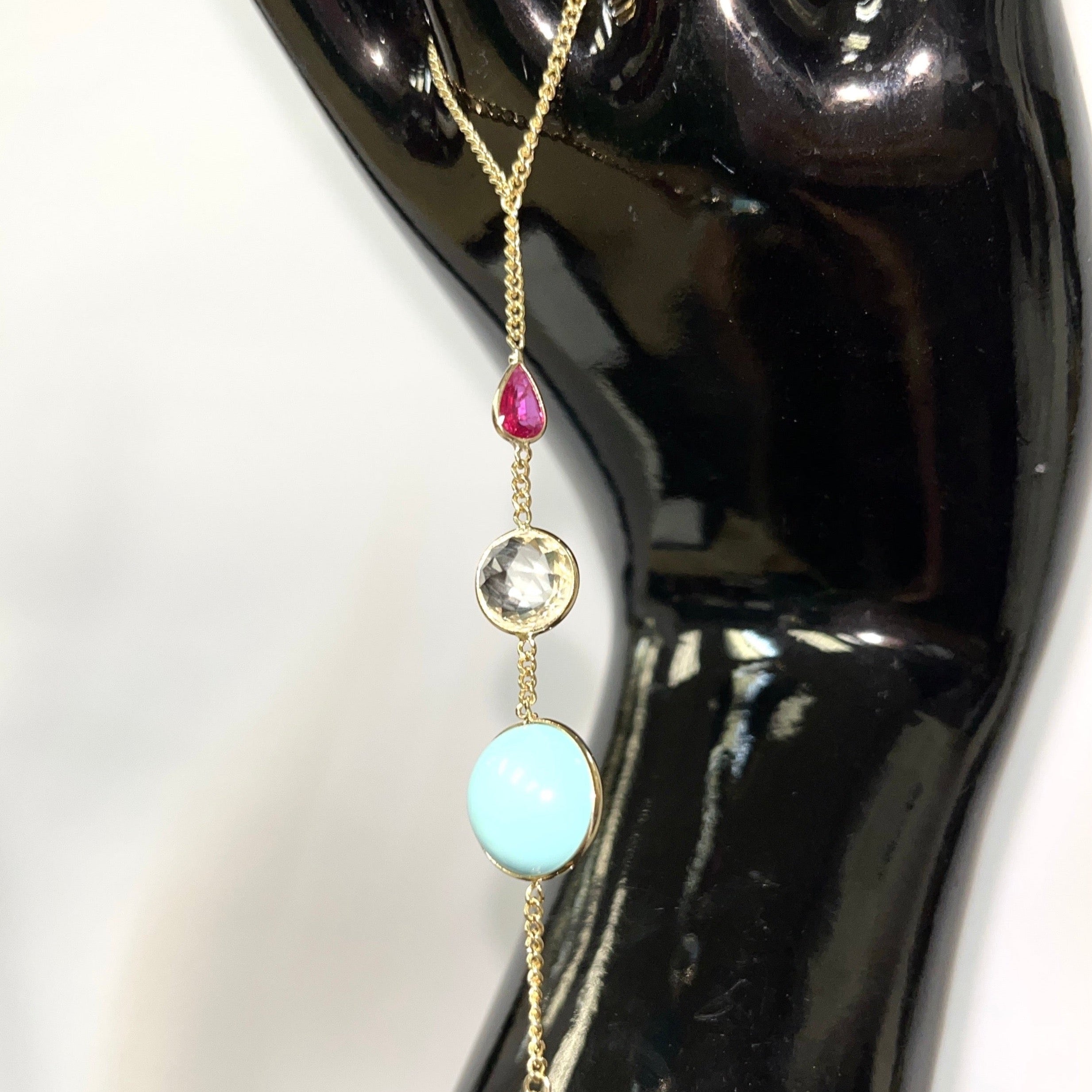 Turquoise Green Amethyst and Ruby Solid 14K Yellow Gold Hand Chain