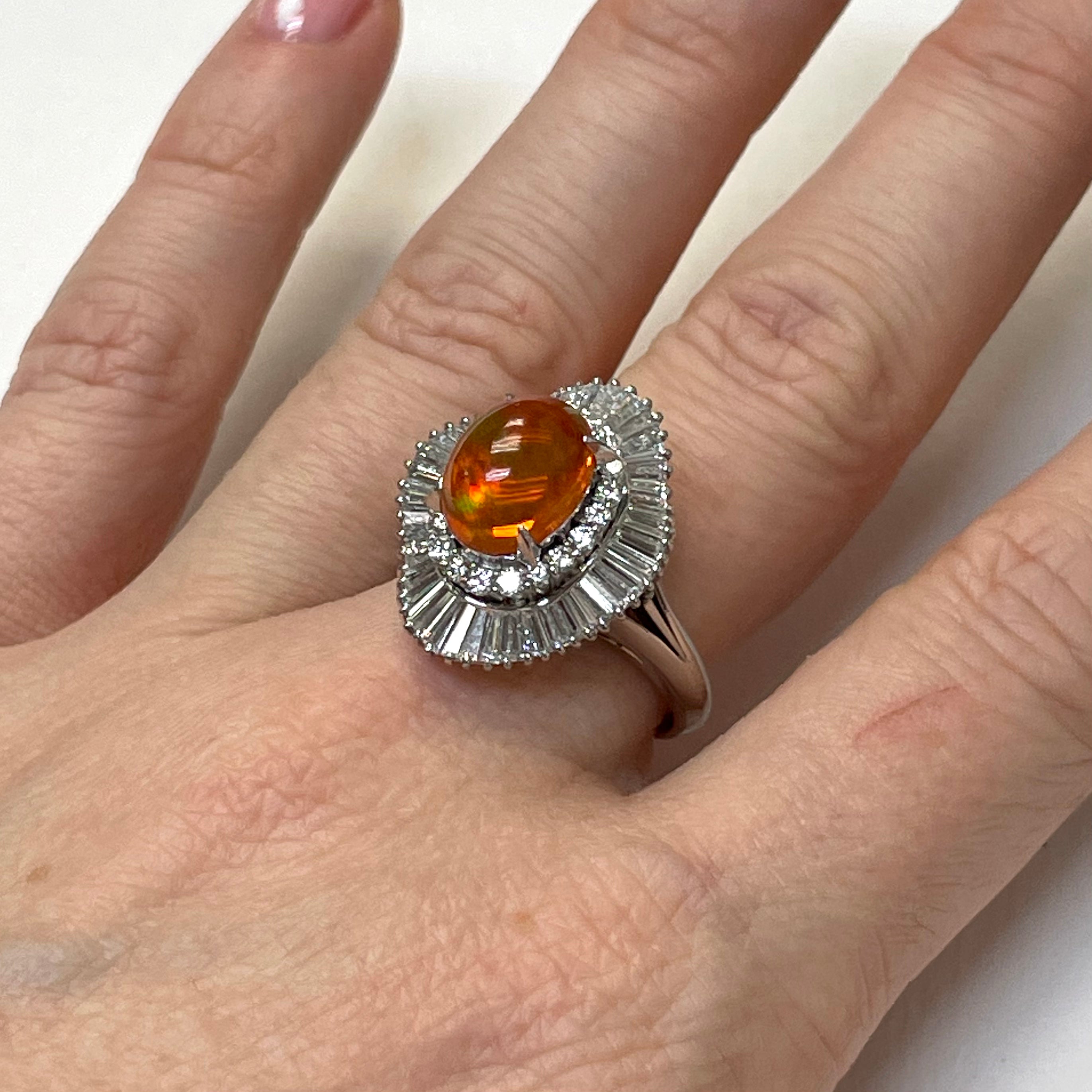 Solid Platinum Fire Opal with Baguette Halo Diamond Ring Size 7.5