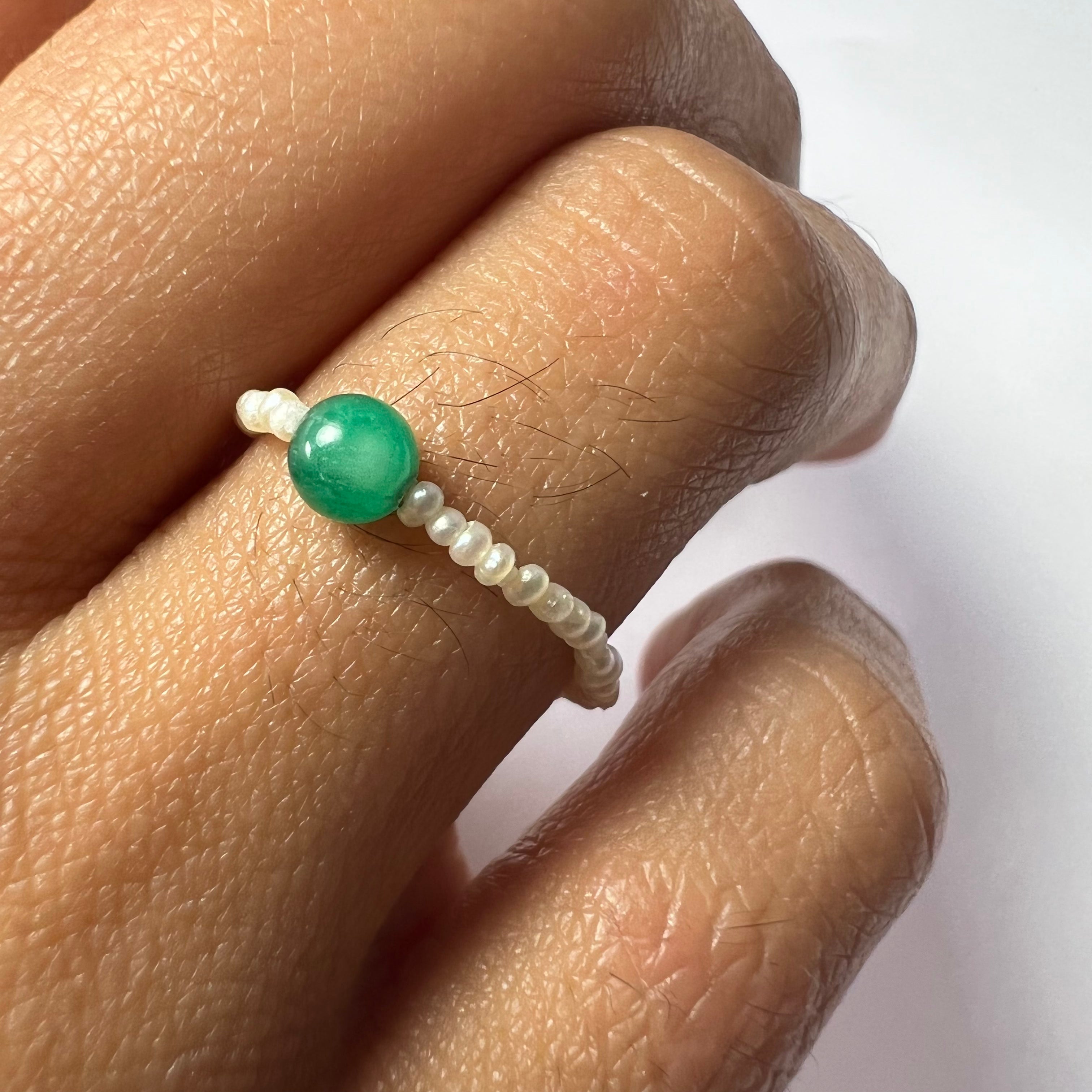 Natural Seed Pearl Eternity Colombian Emerald Ring Size 7