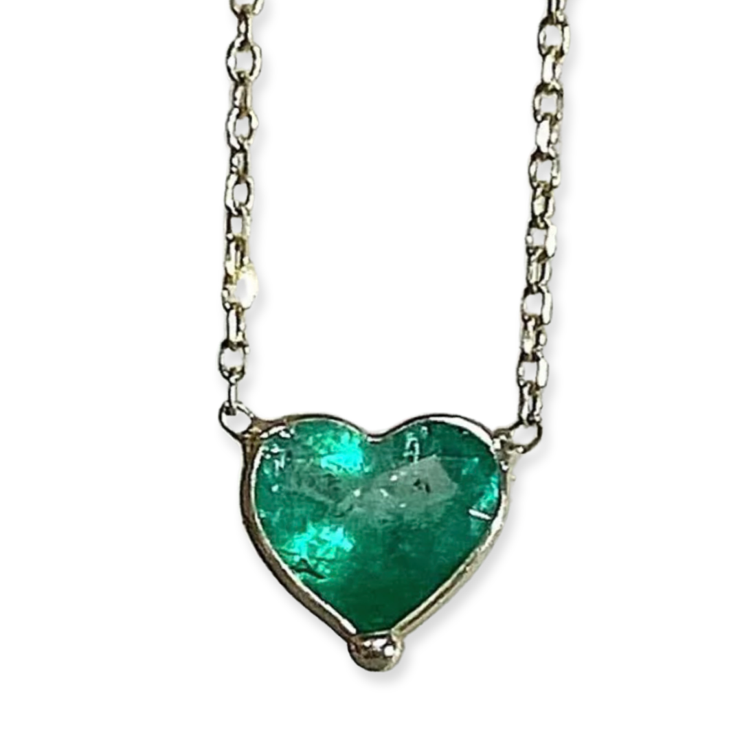 .85CT Heart Shaped Colombian Emerald 20" 14K White Gold Necklace