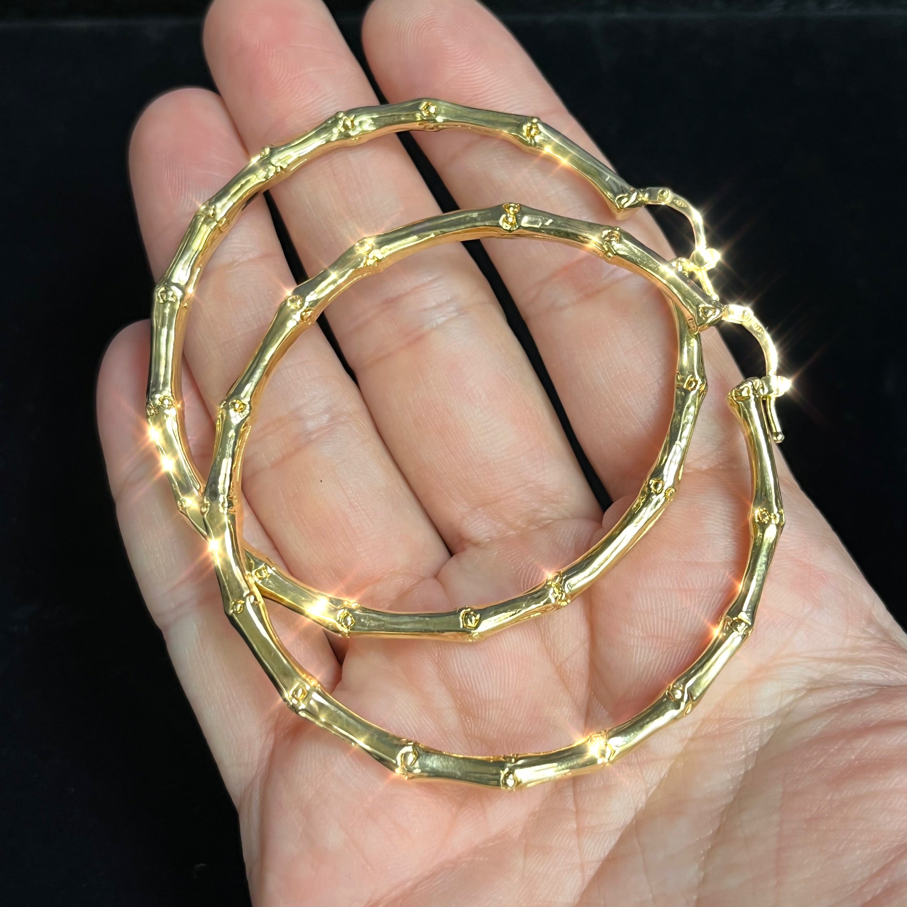 2.4" Bamboo 14K Yellow Gold Puffy Sleek Hoop Earrings