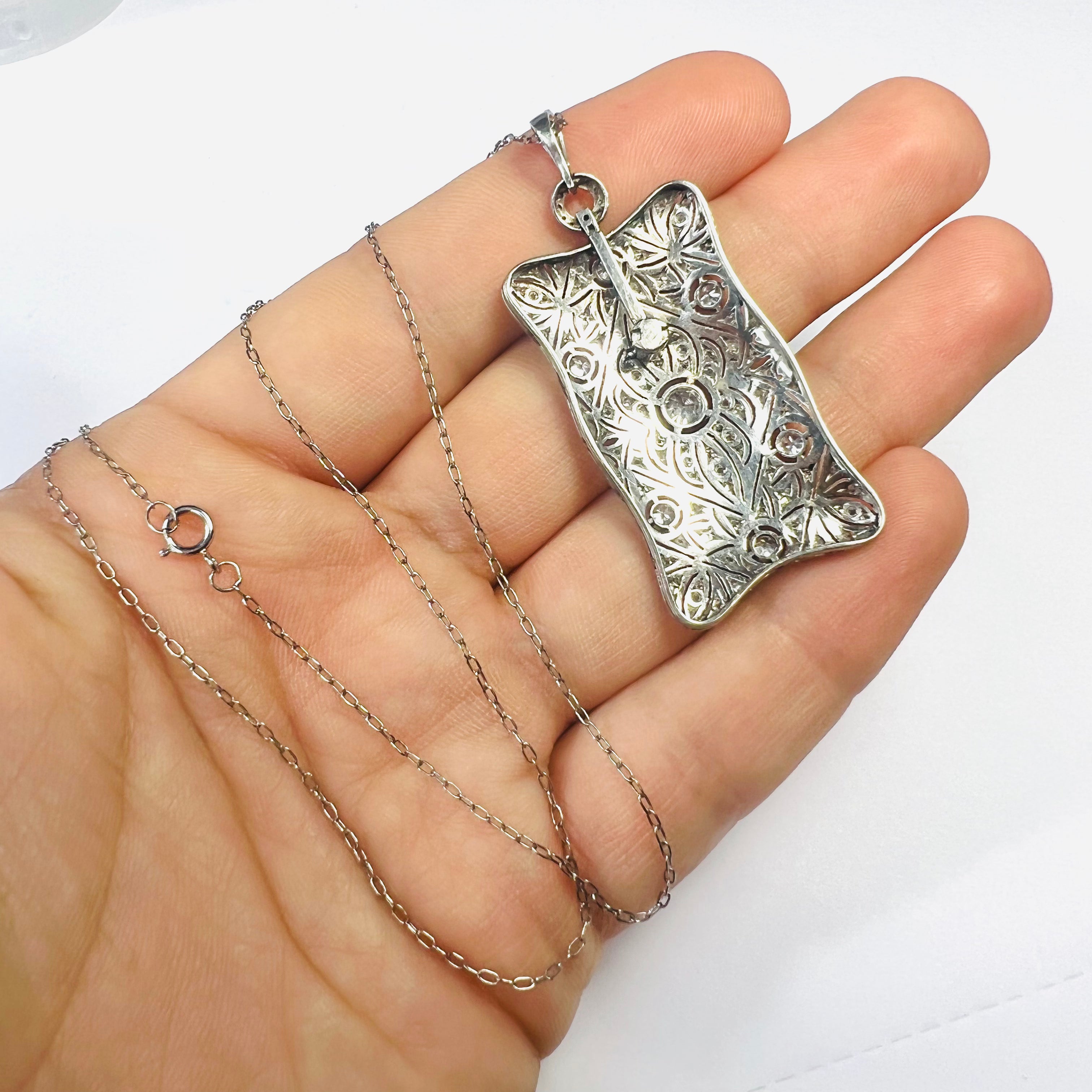 Stunning Platinum Art Deco Filigree Diamond Pendant Cable Chain Necklace 17.5"