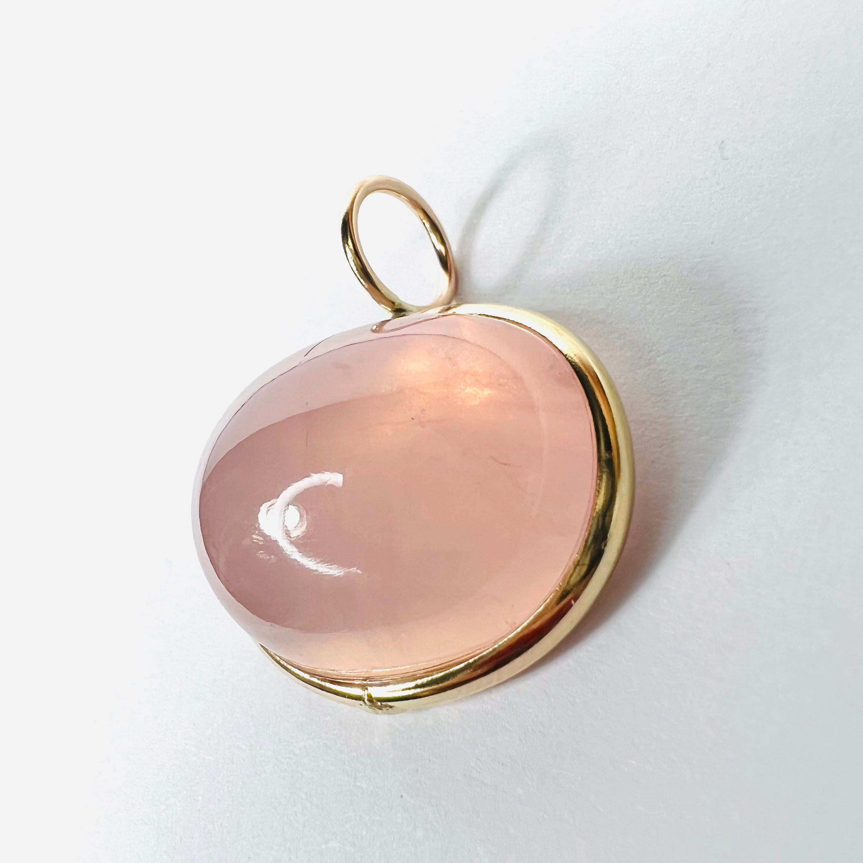 28CT Natural Cabochon Rose Quartz 14K Yellow Gold Pendant Charm 25x23mm