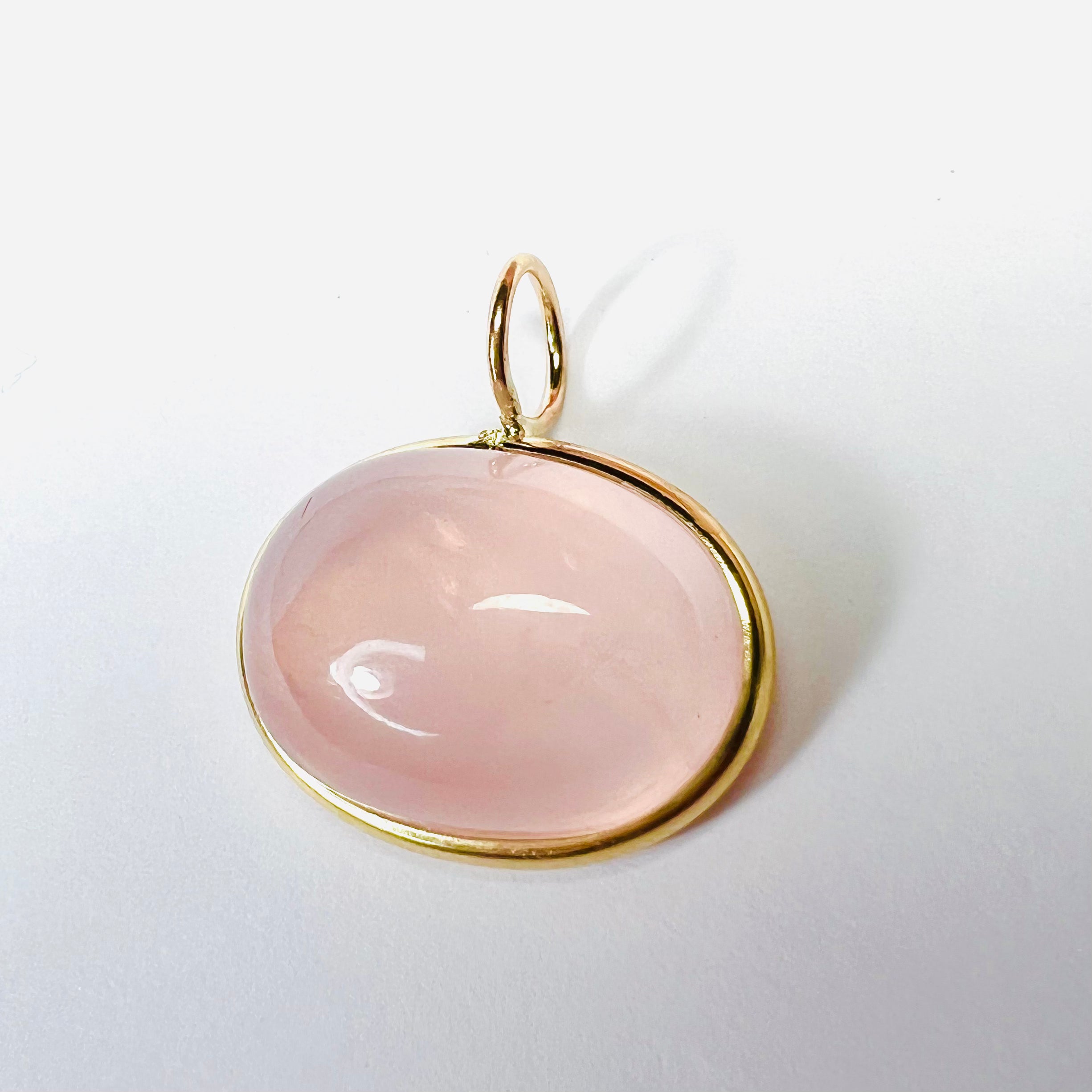 26.5CT Natural Cabochon Rose Quartz 14K Yellow Gold Pendant Charm 25x23mm