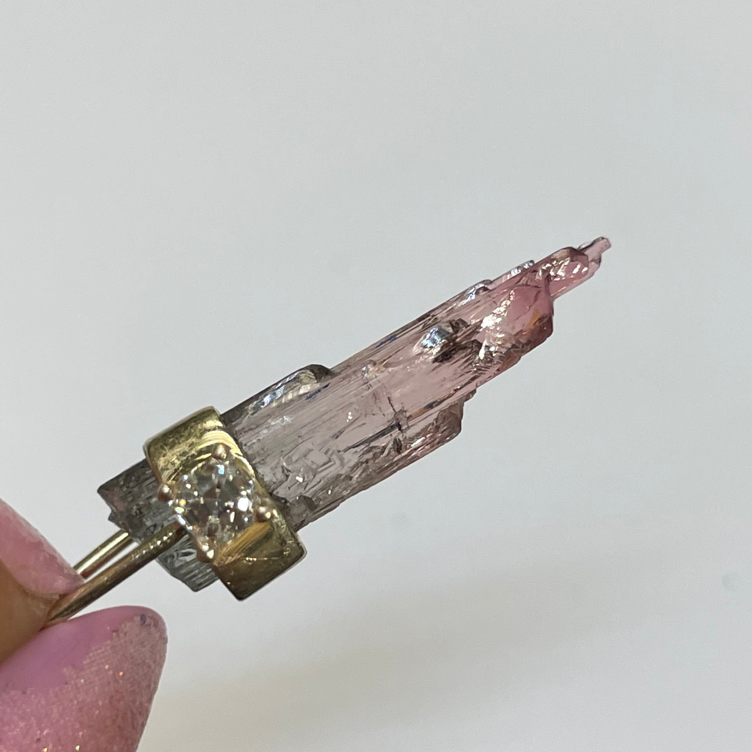 Rough Pink Tourmaline and Diamond 14K Yellow Gold Amulet