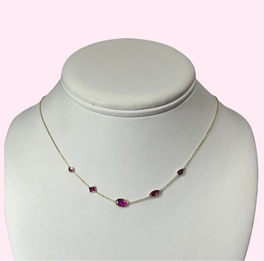 Assorted Pink Ruby By The Yard 16" 14k Yellow Gold Necklace