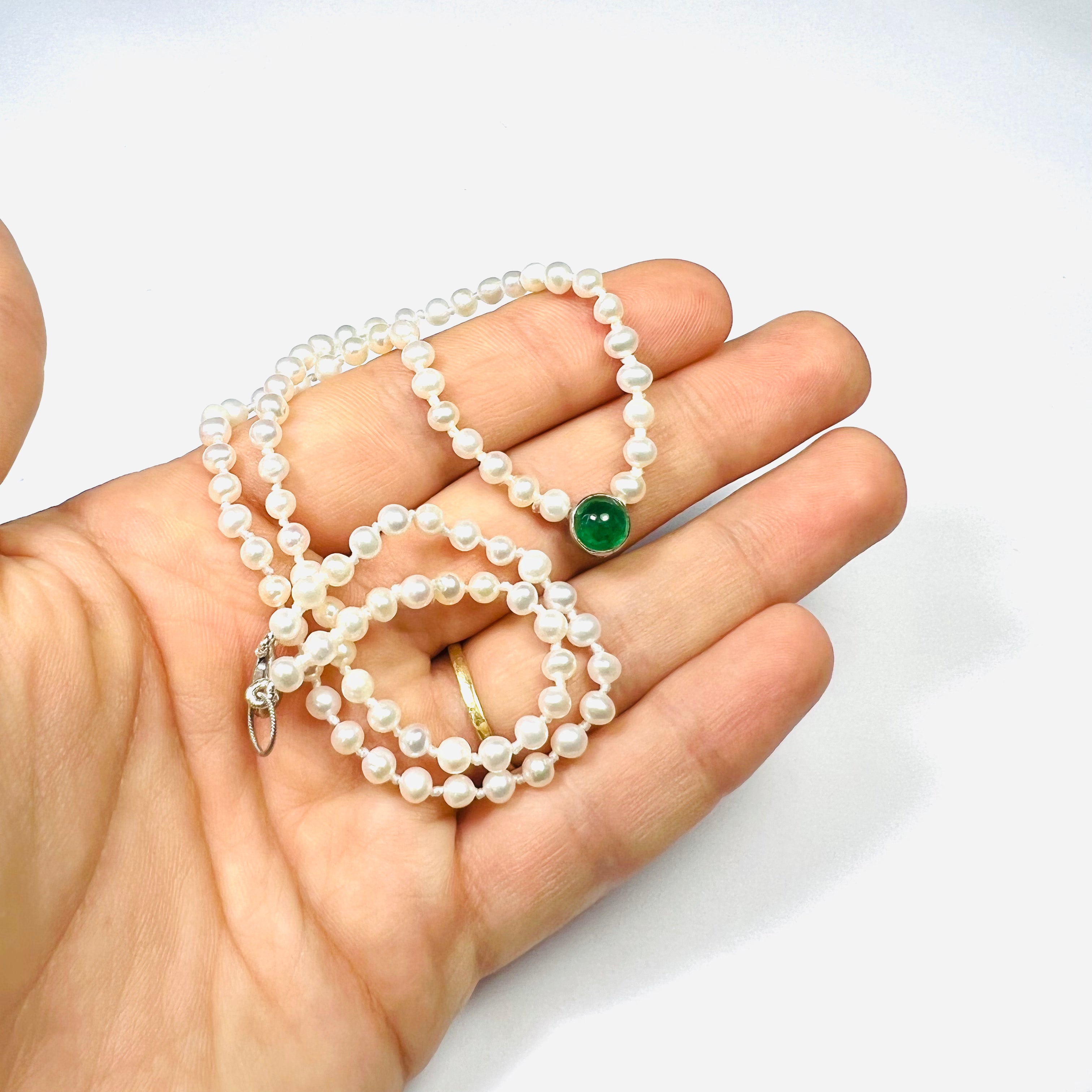 Beaded Pearl Necklace with Emerald 14K White Gold Clasp 16"